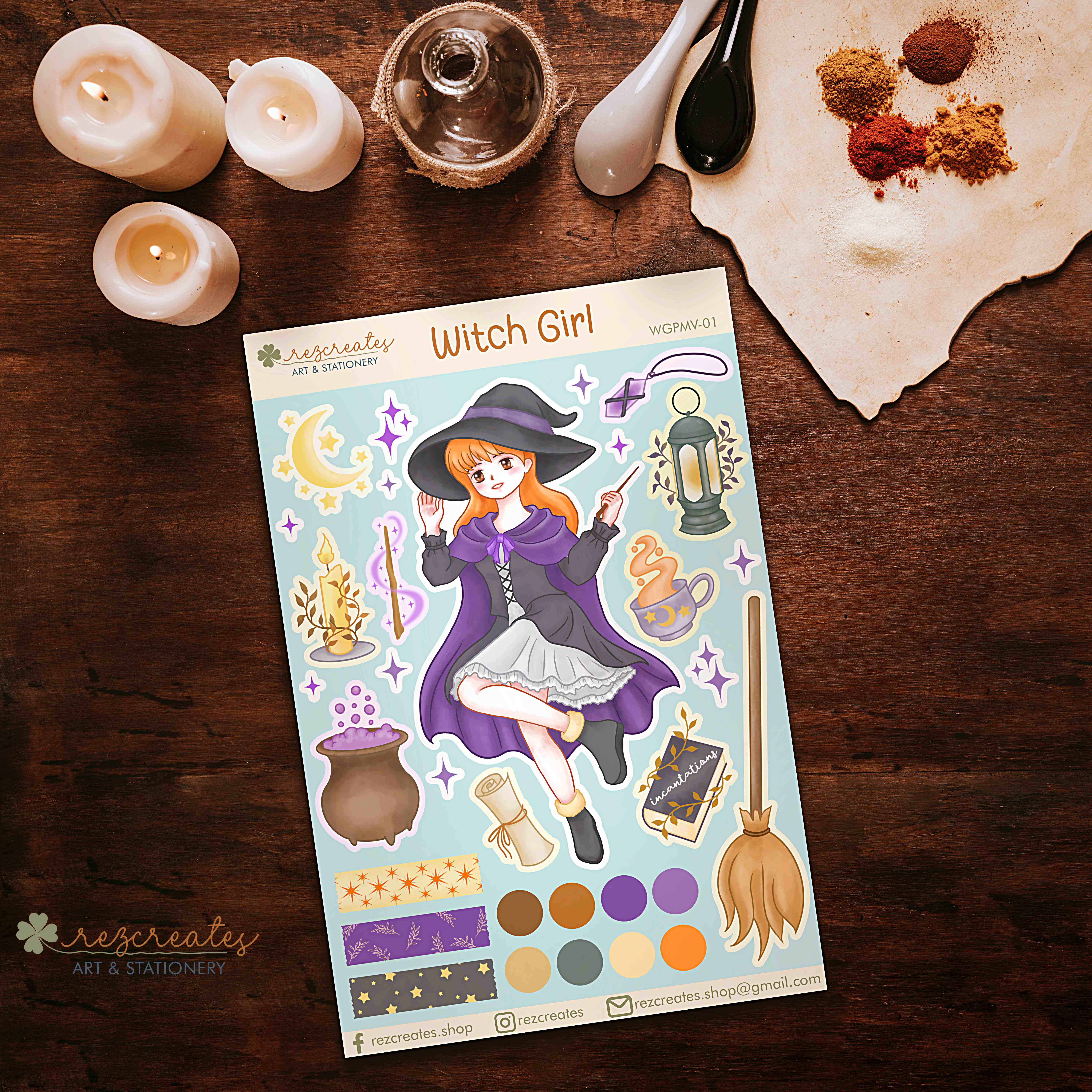 Witch Girl Sticker Sheet | Waterproof Magic Stickers