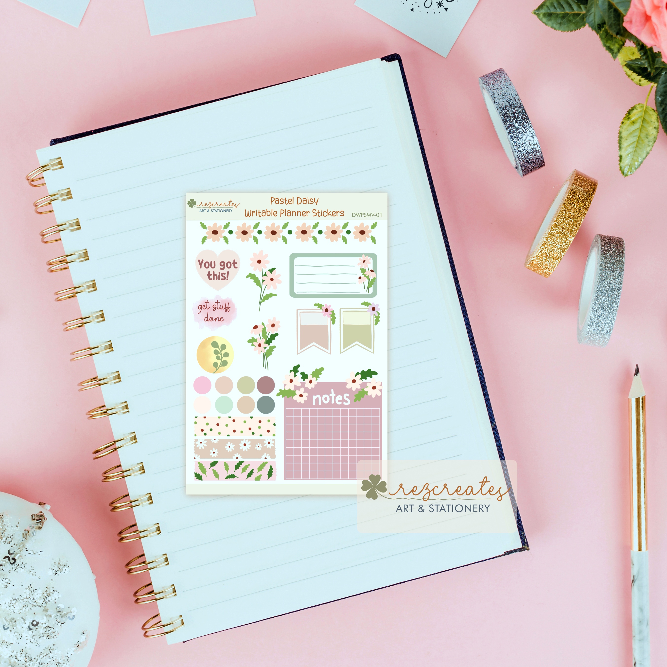 Pastel Daisy Writable Planner Stickers | Daisy Waterproof Stickers