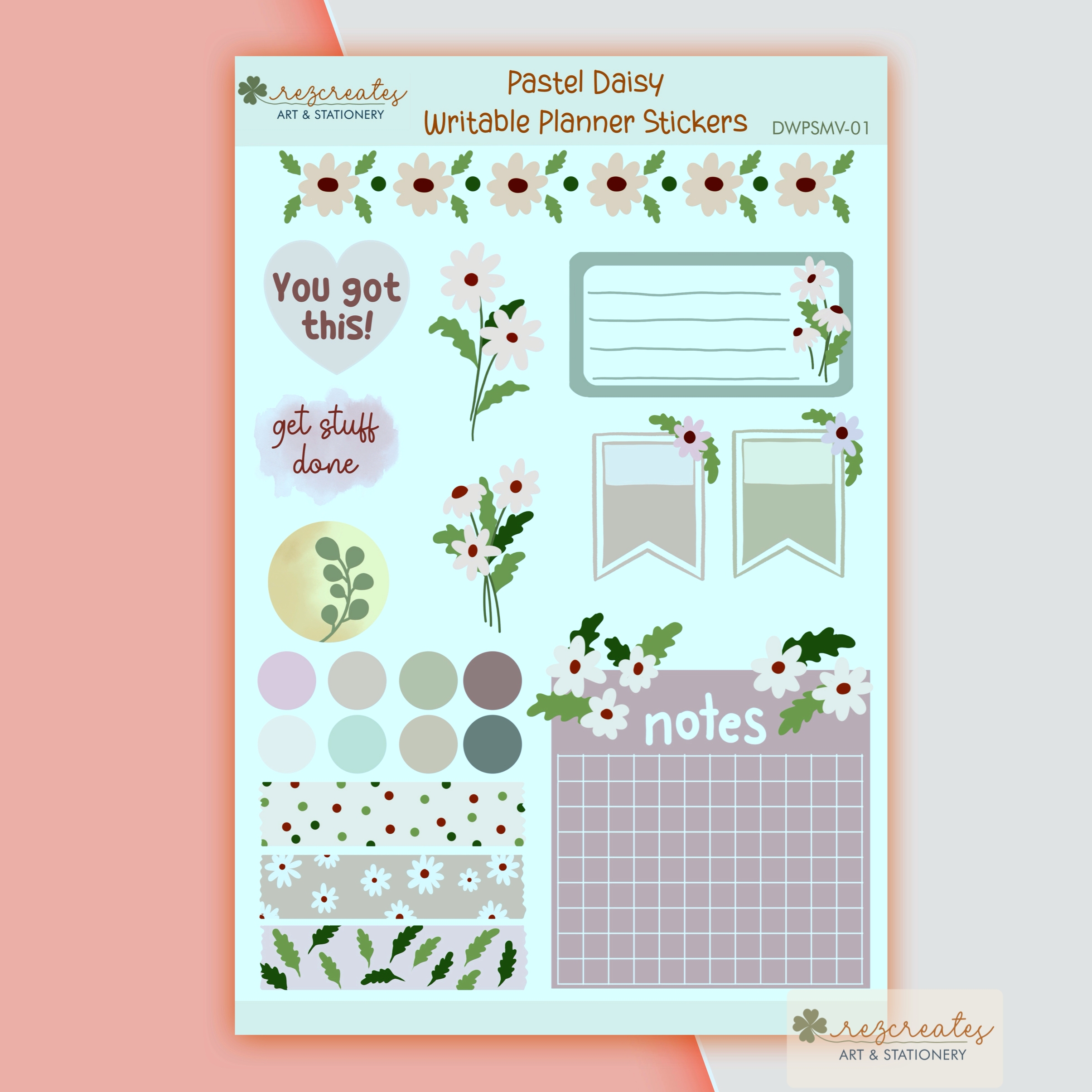 Pastel Daisy Writable Planner Stickers | Daisy Waterproof Stickers