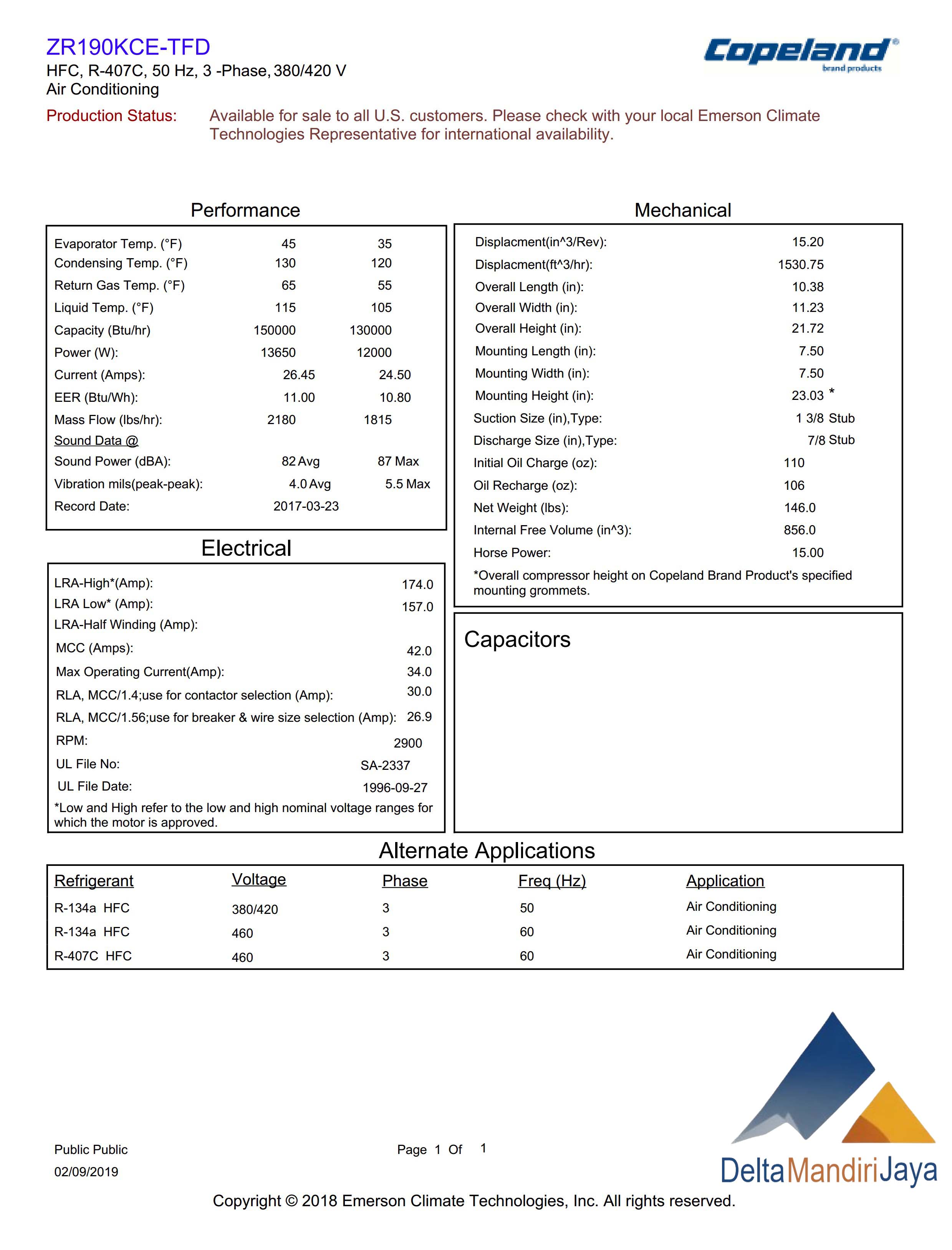 Kompresor AC Copeland ZR190KCE-TFD-522