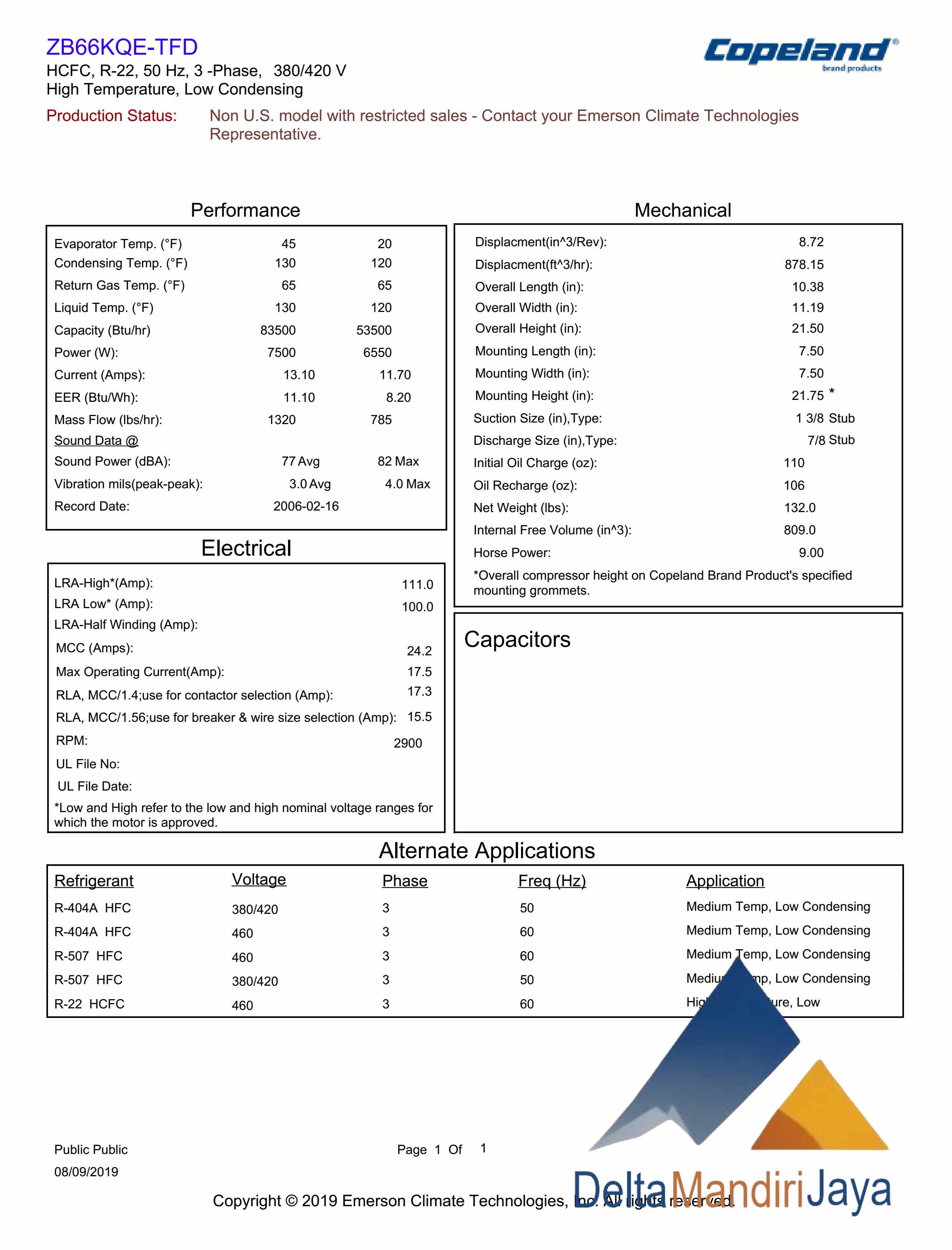 Compressor Copeland Scroll ZB66KQE-TFD-550