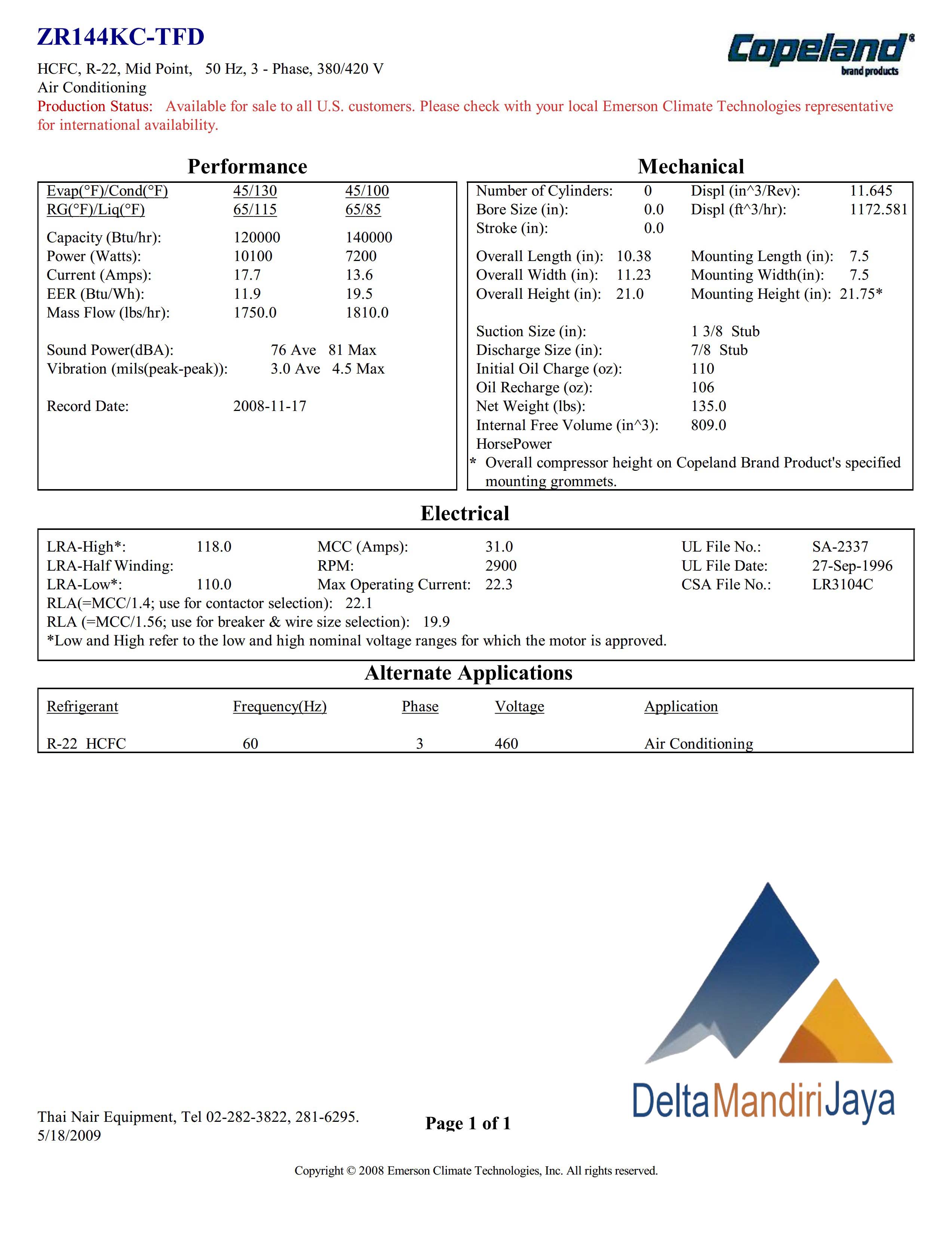 Kompresor Copeland ZR144KC-TFD-522