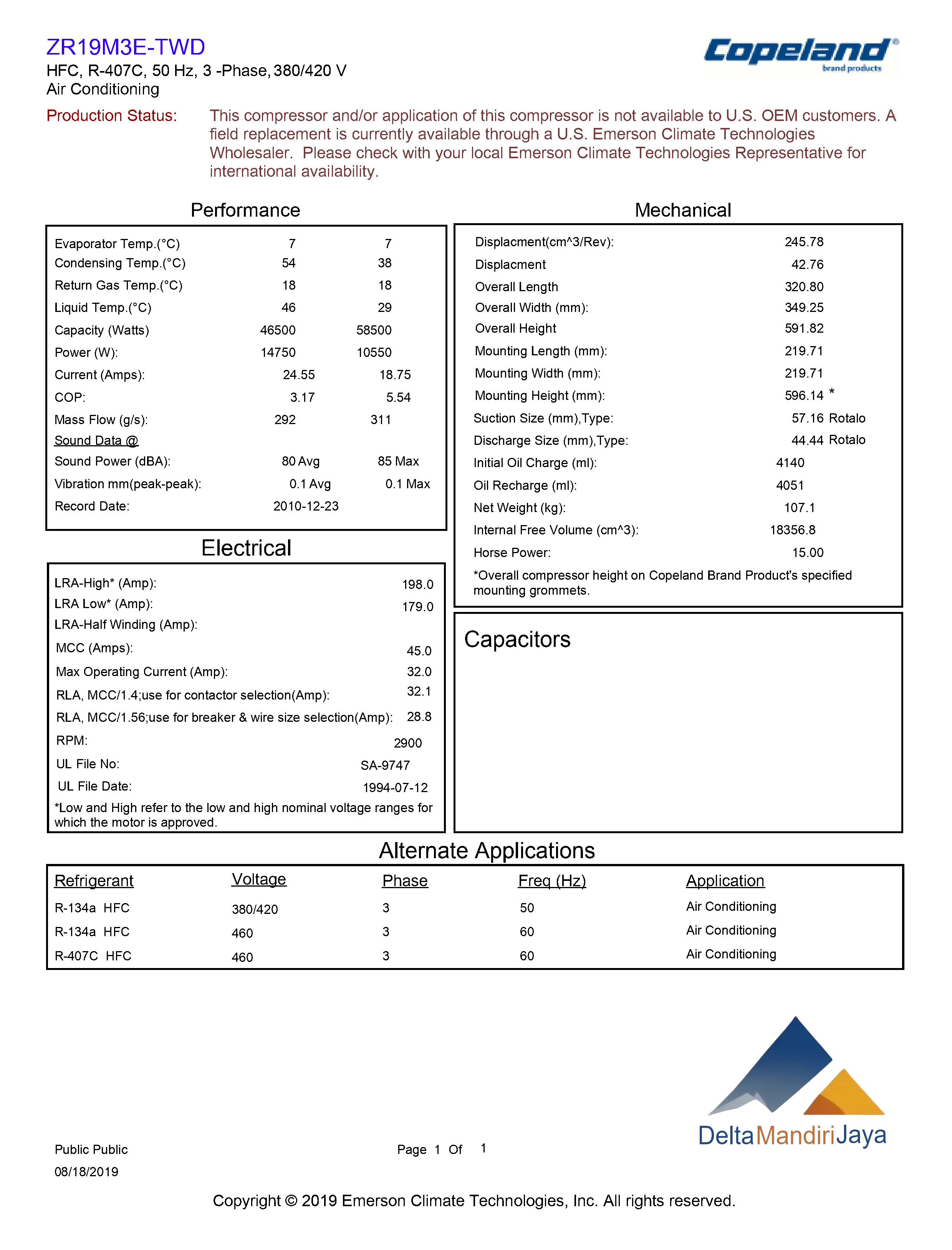 Kompresor Copeland Scroll ZR19M3E-TWD-522