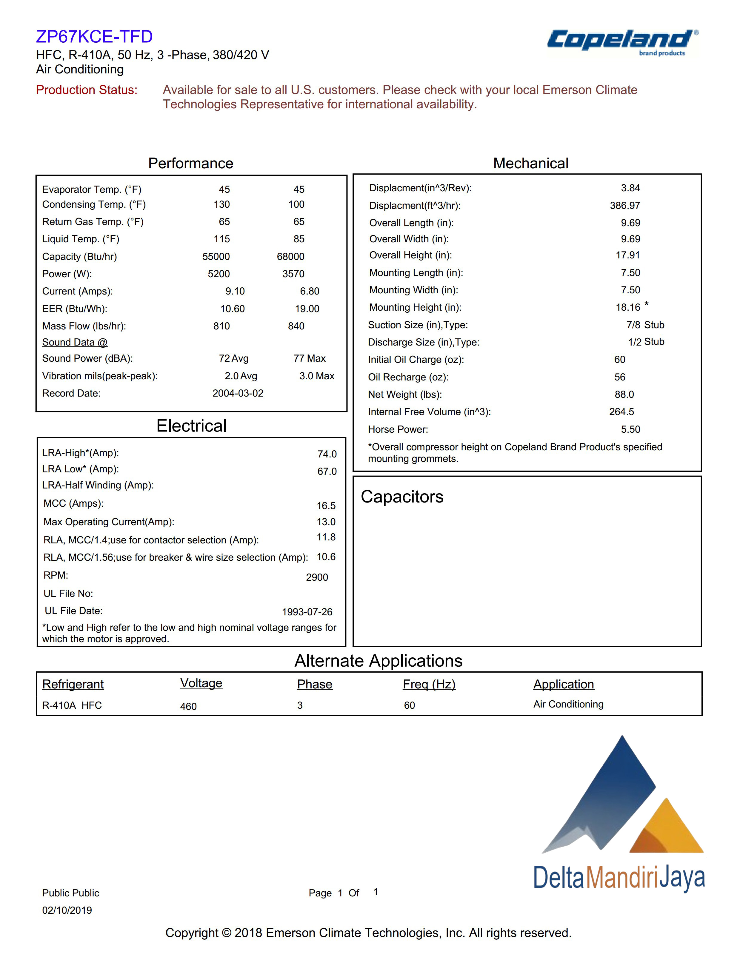 Kompresor Copeland Scroll ZP67KCE-TFD-420