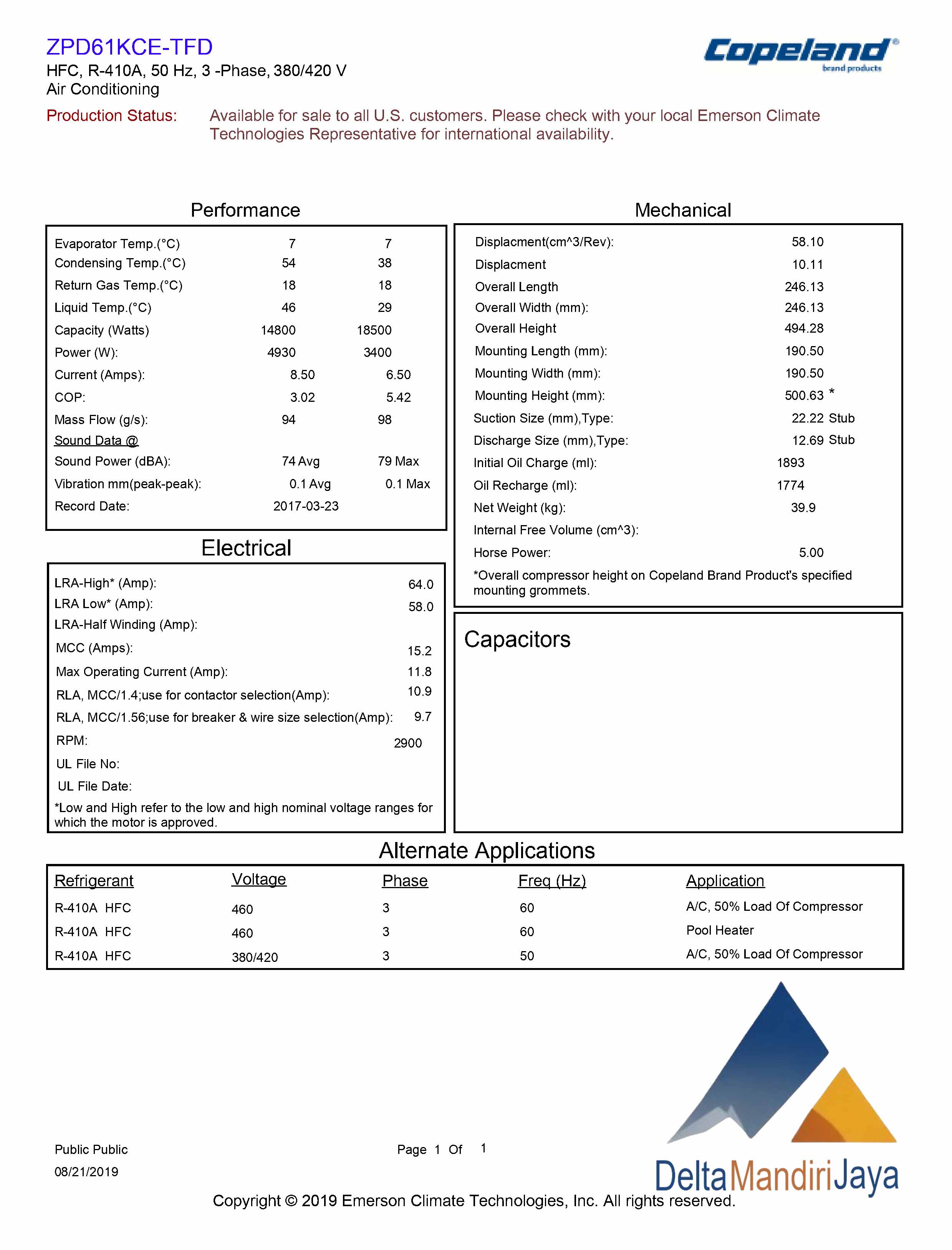 Compressor Copeland ZPD61KCE-TFD-433