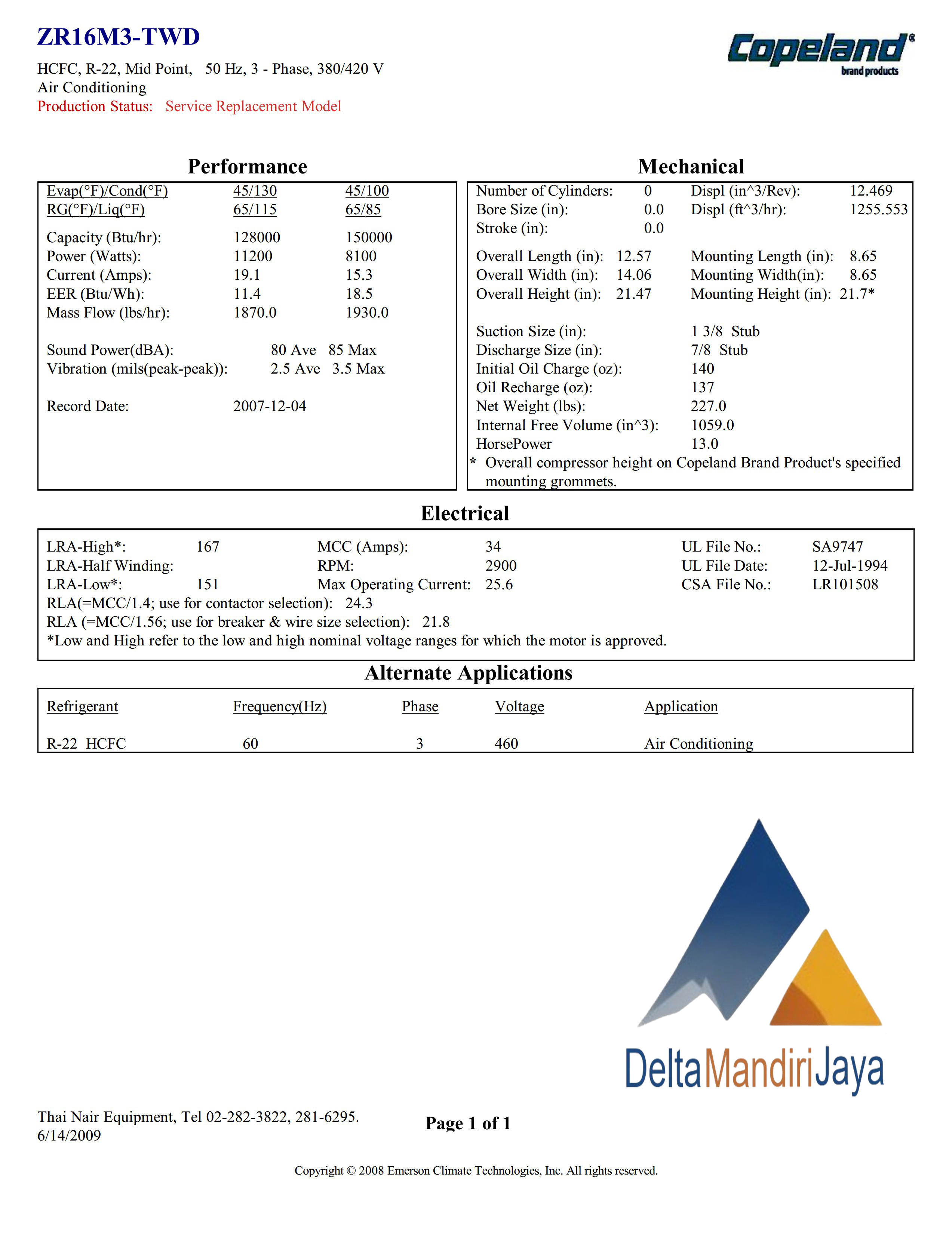 Kompresor AC Copeland Scroll ZR16M3-TWD-522