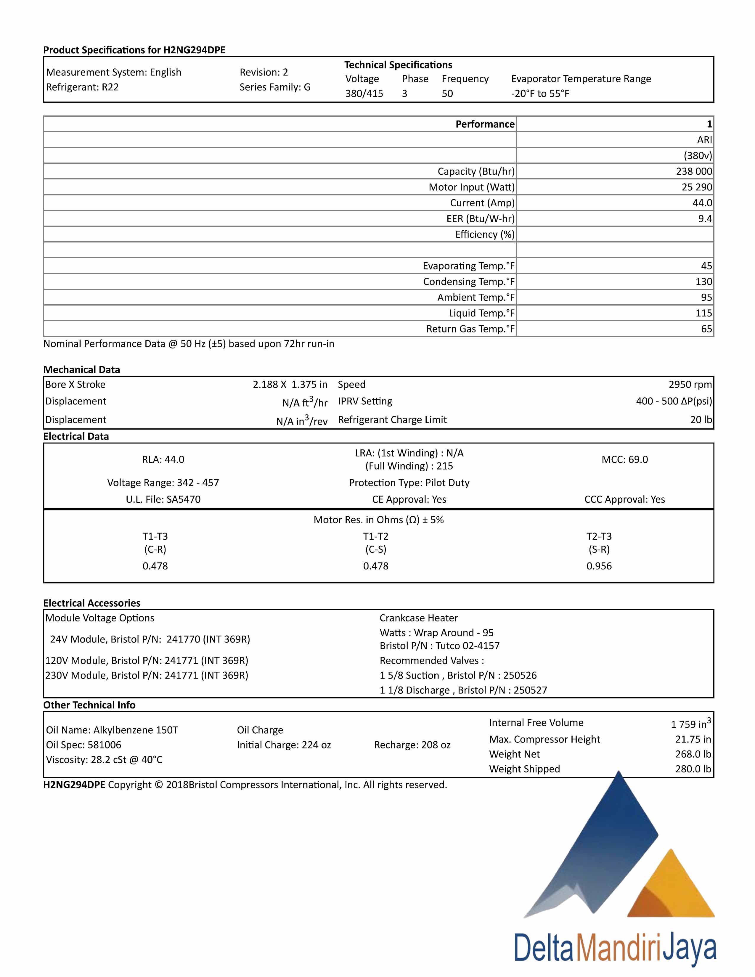 Kompresor Bristol H2NG294DPEF