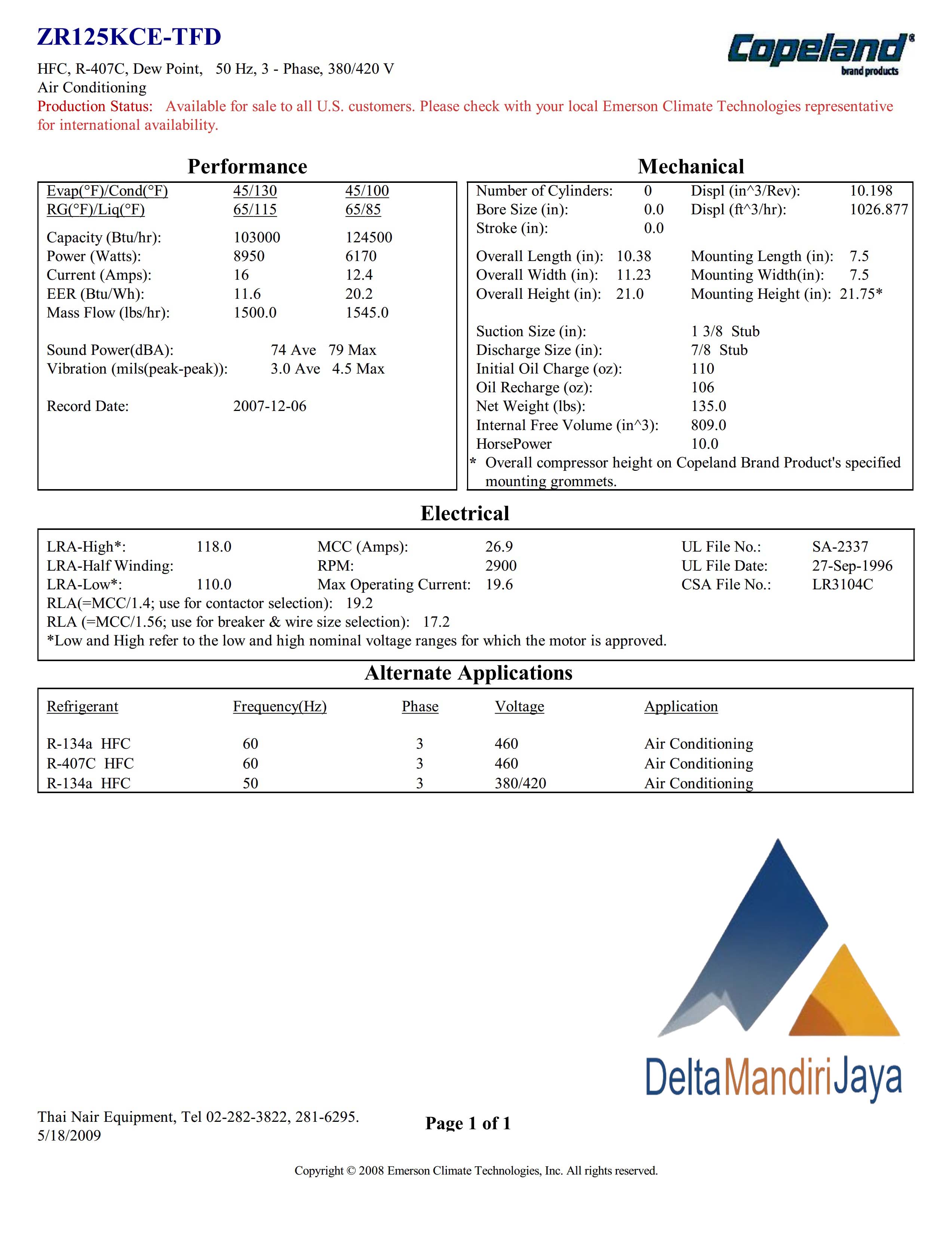 Kompresor Copeland Scroll ZR125KCE-TFD-52E