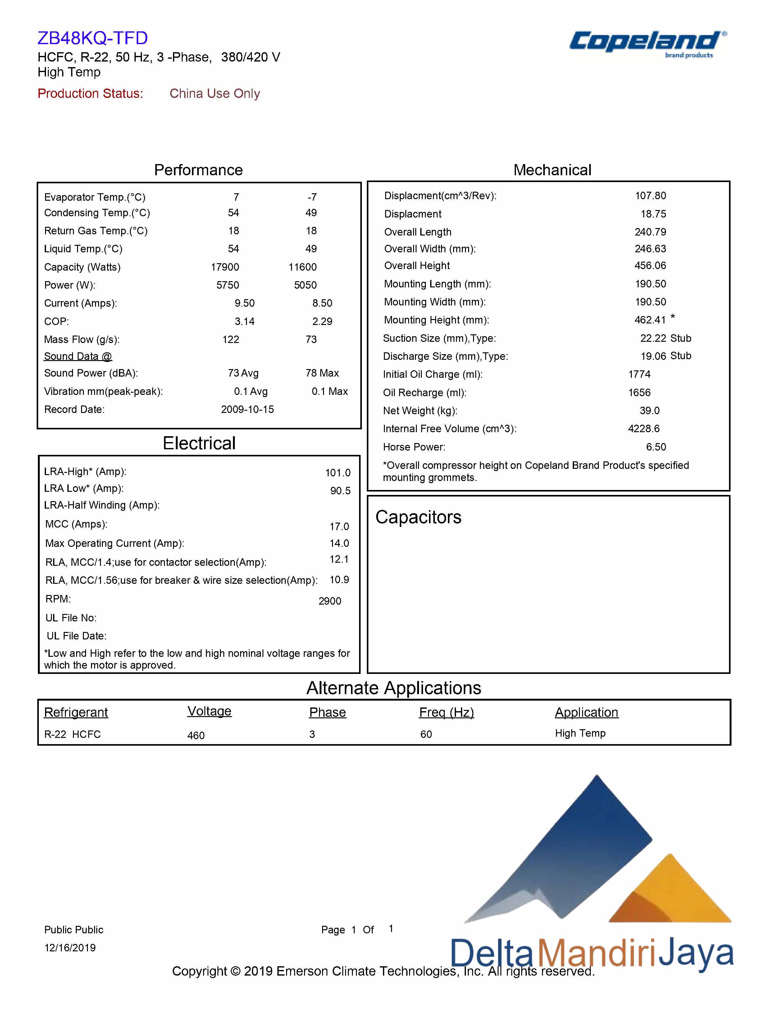Compressor Copeland Scroll ZB48KQ-TFD-524