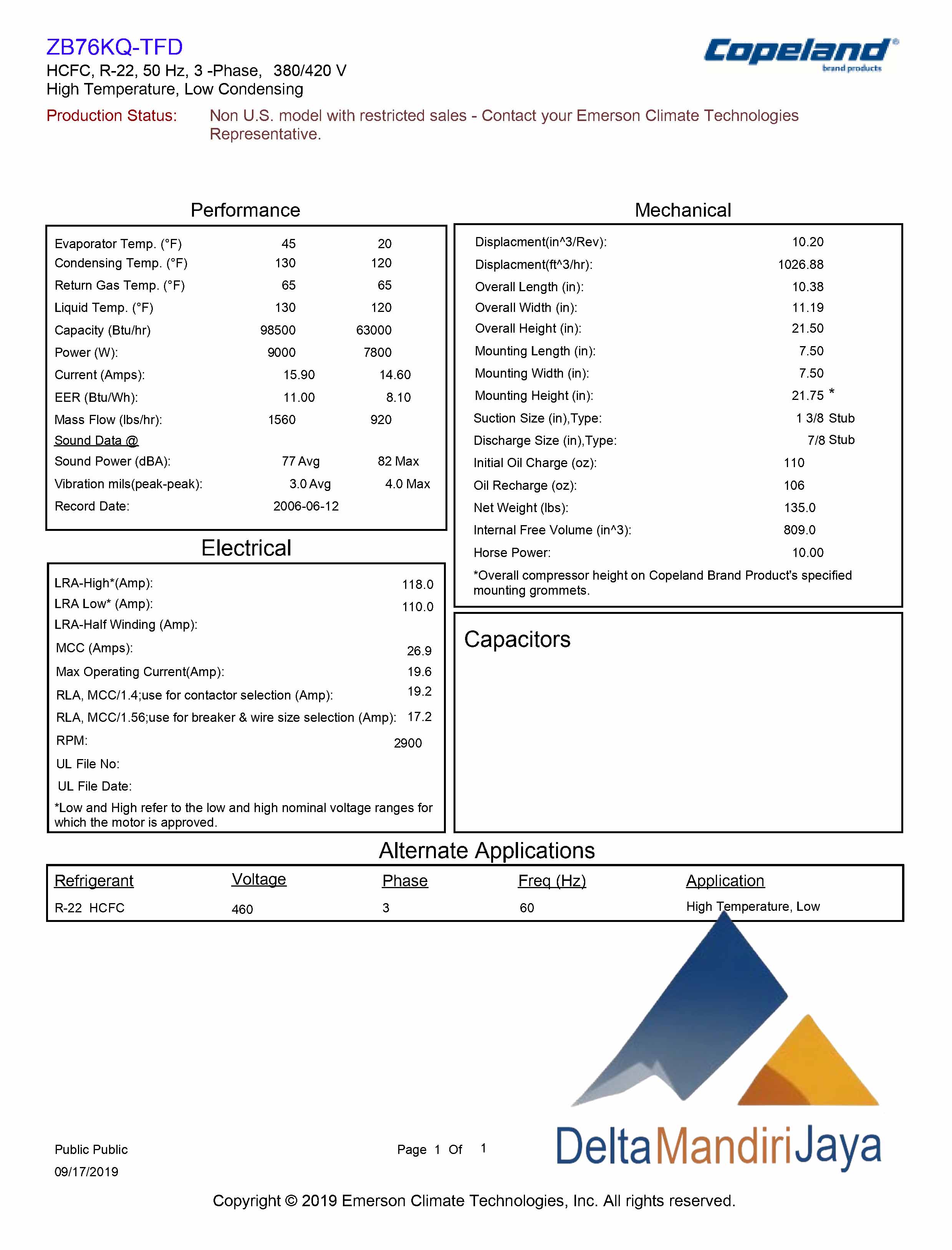 Compressor Copeland Scroll Emerson ZB76KQ-TFD-550