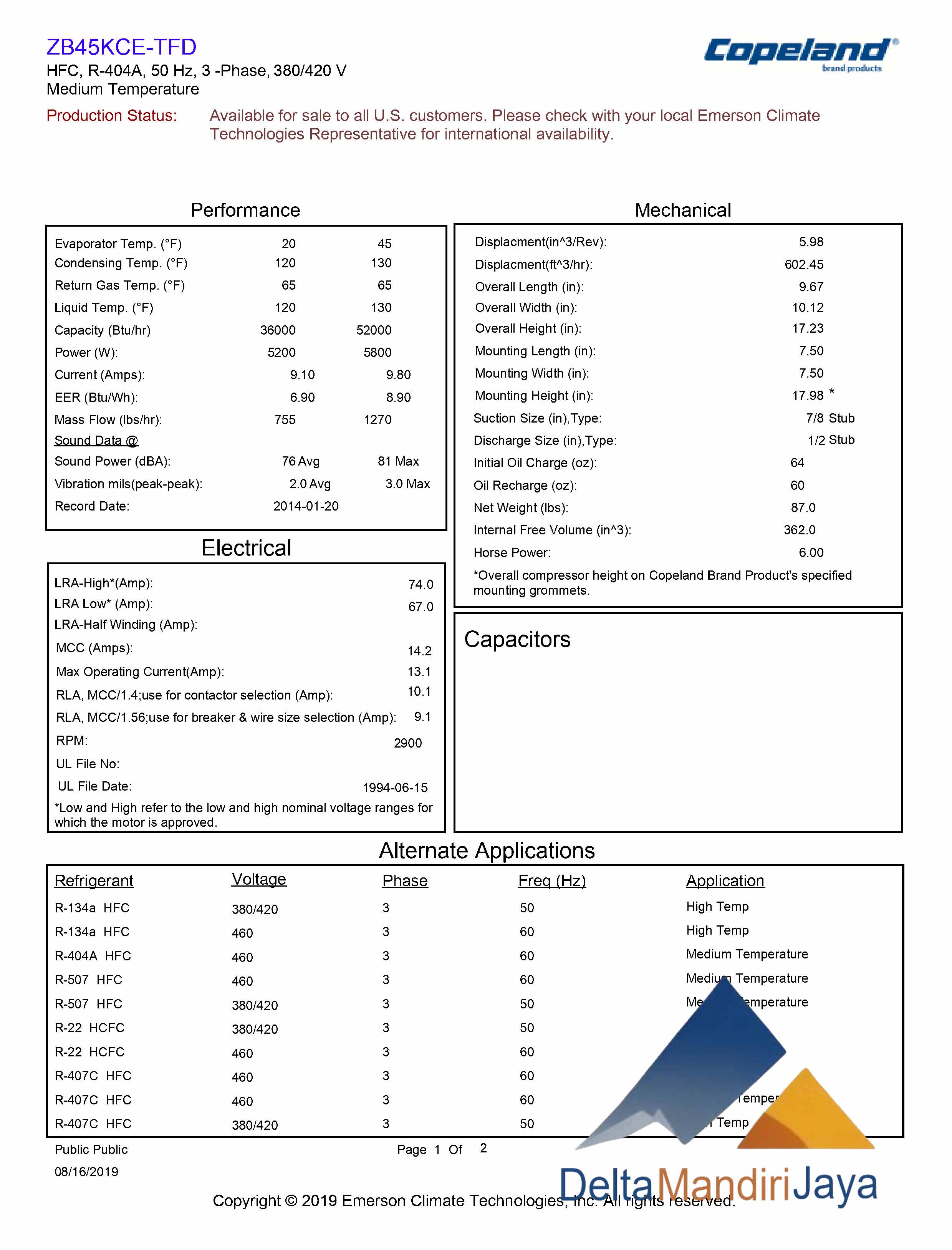 Compressor Copeland Scroll ZB45KCE-TFD-551