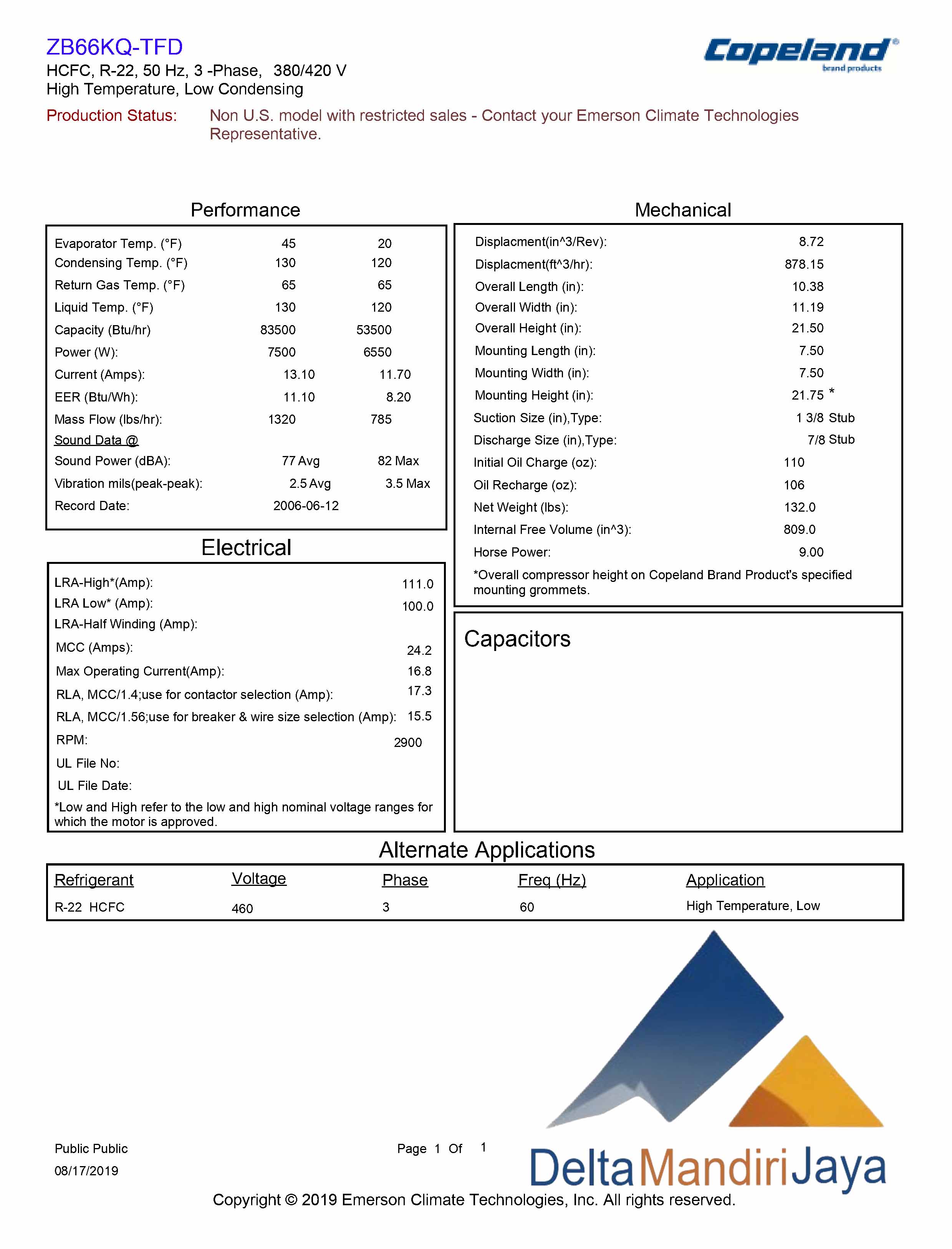 Compressor Copeland Scroll ZB66KQ-TFD-551