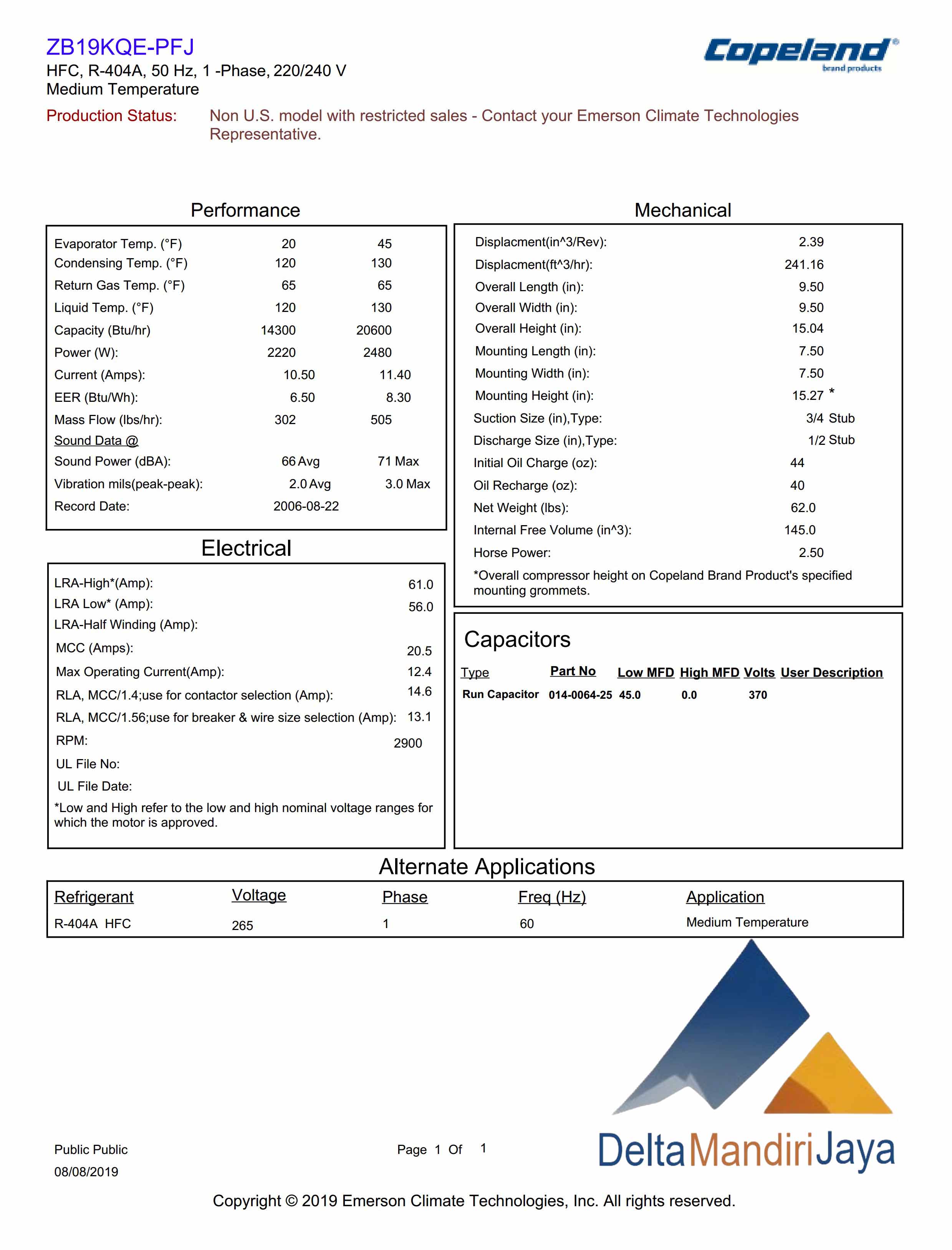 Compressor AC Copeland Scroll Emerson ZB19KQE-PFJ-524
