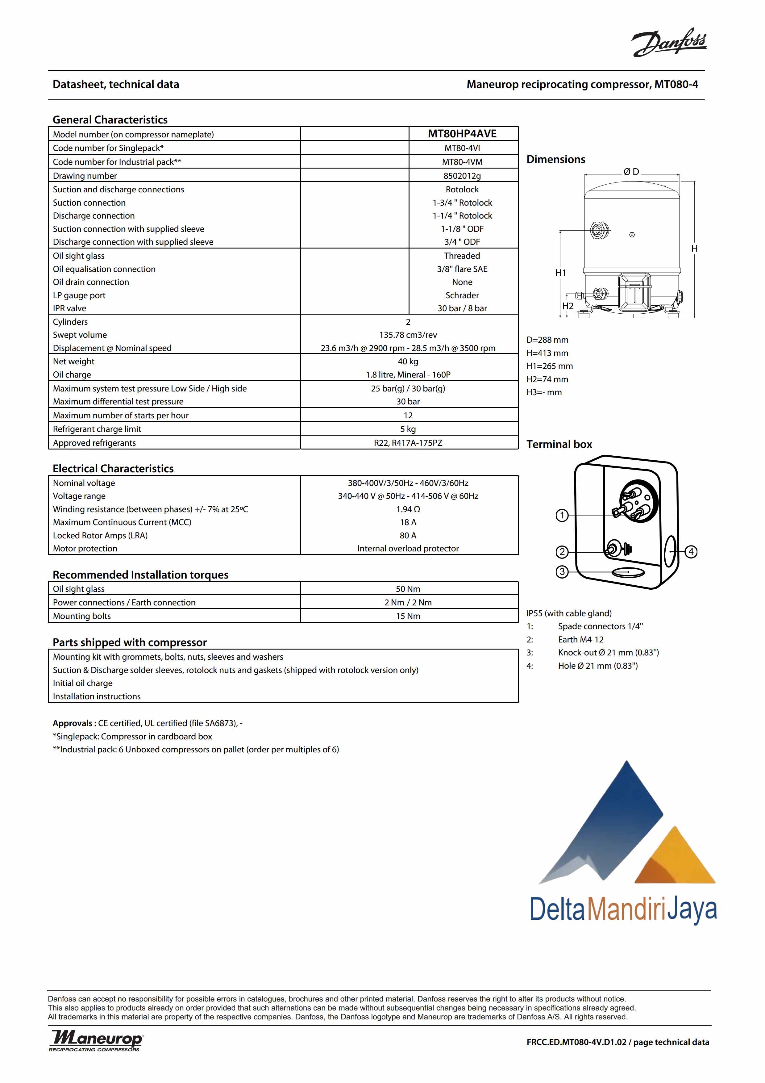 Kompresor Komersial Danfoss MT80HP4AVE