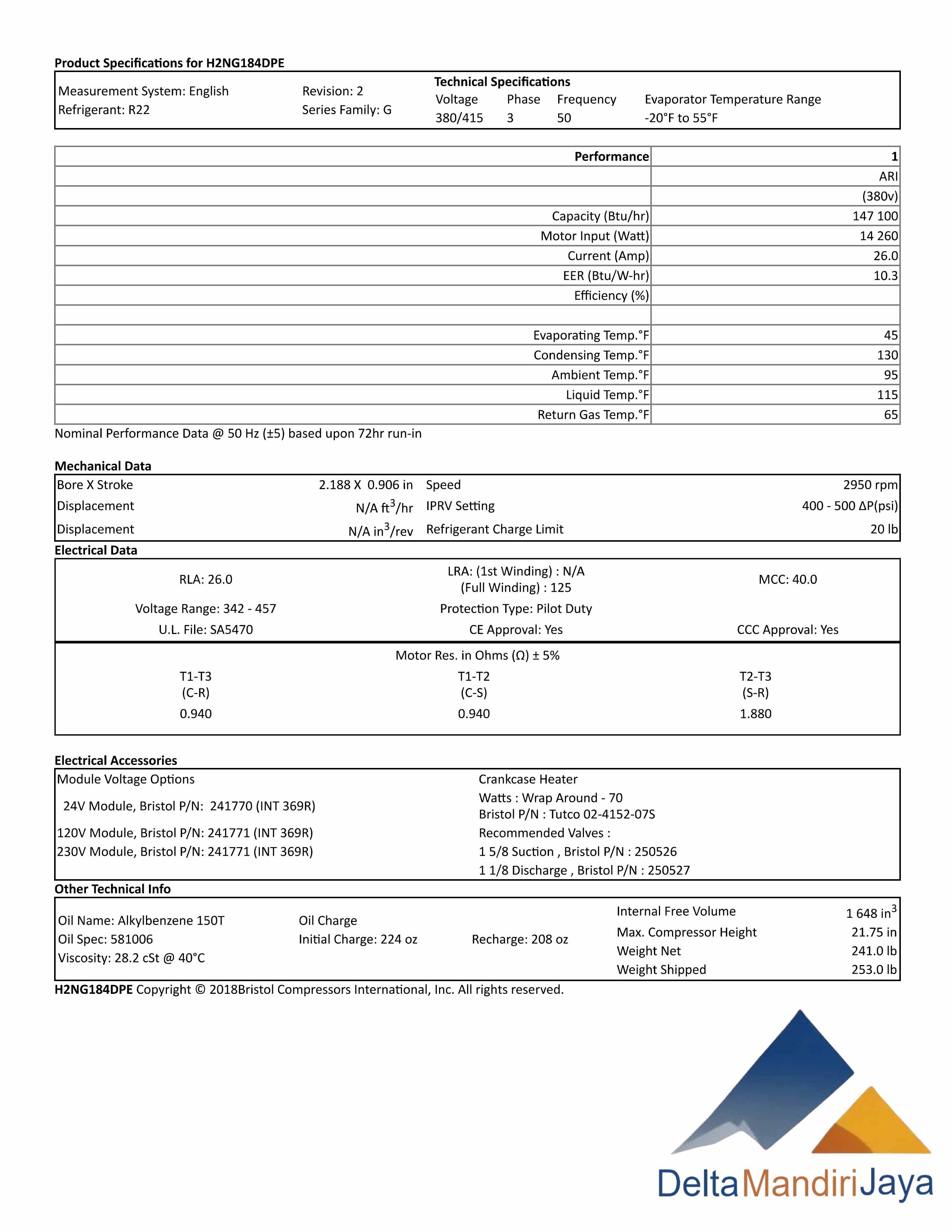 Kompresor Bristol H2NG184DPEF