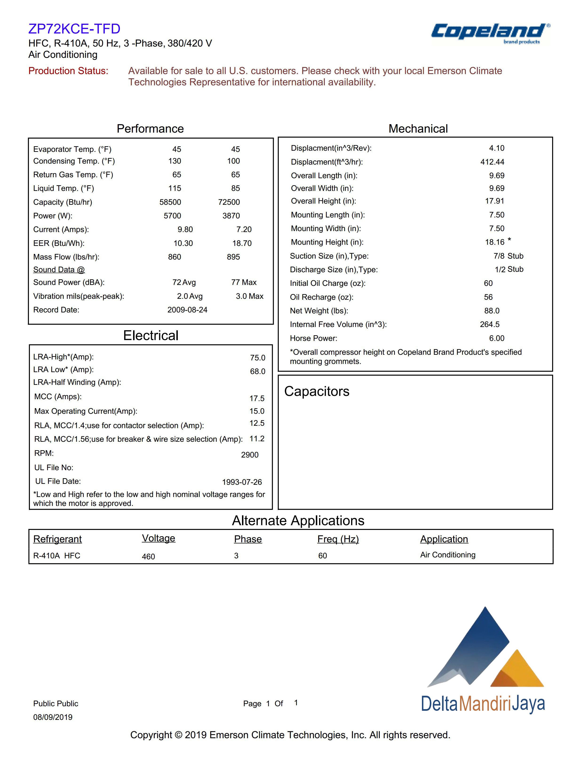 Kompresor Copeland ZP72KCE-TFD-52E
