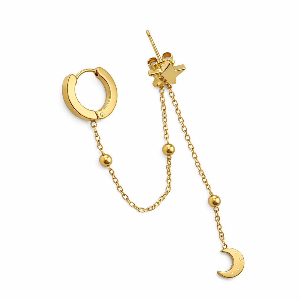 Boucles d’oreilles asymétriques lune et étoile