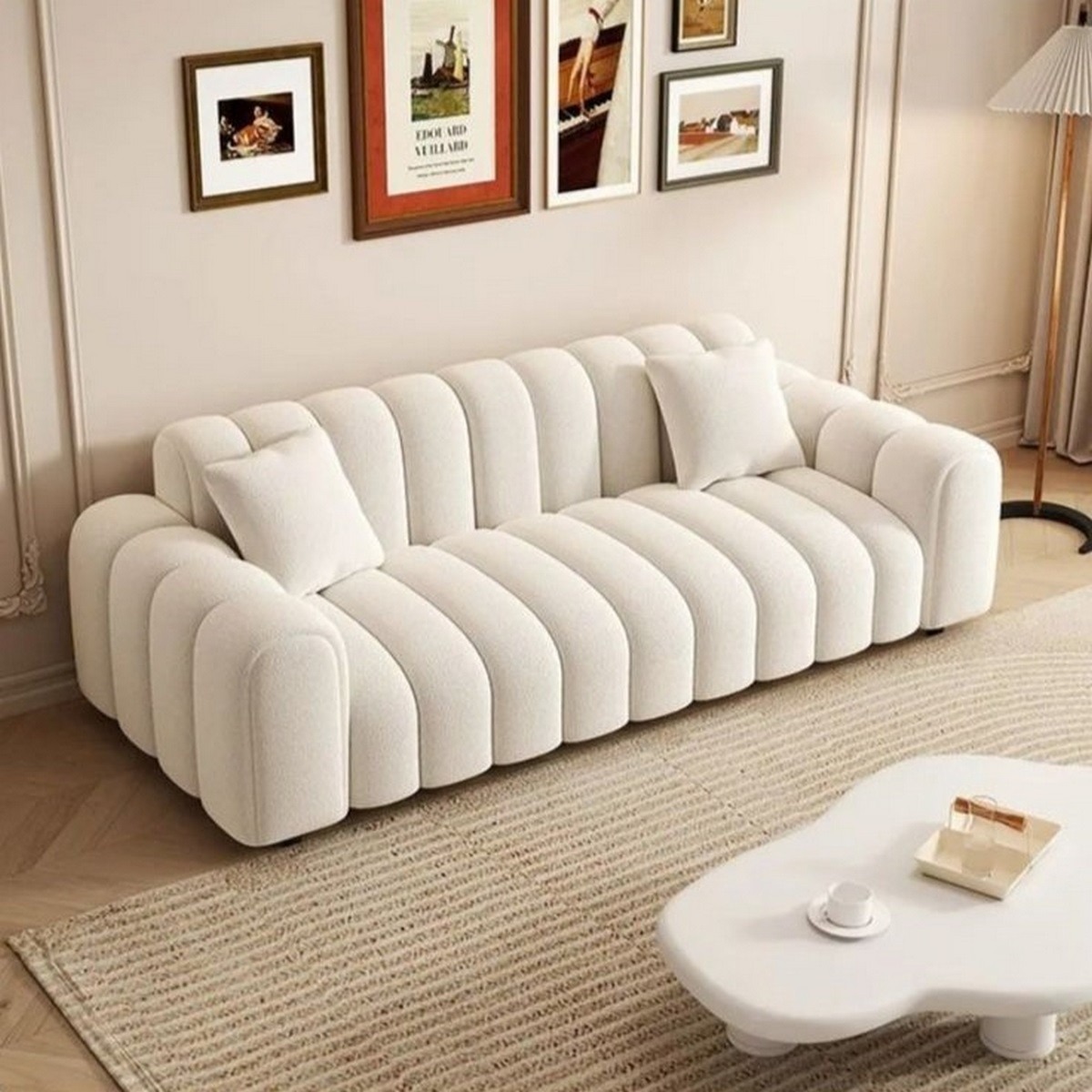 كنبة 3 مقاعد خشب سويدي و قماش بوكليه - ابيض