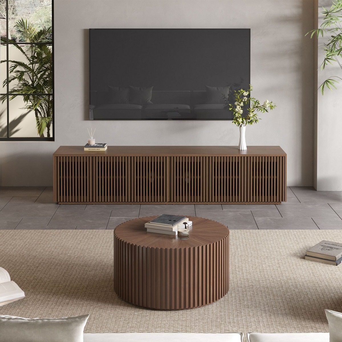 وحدة تلفزيون و ترابيزة قهوة خشب كونتر طبيعي بني - قطعتين