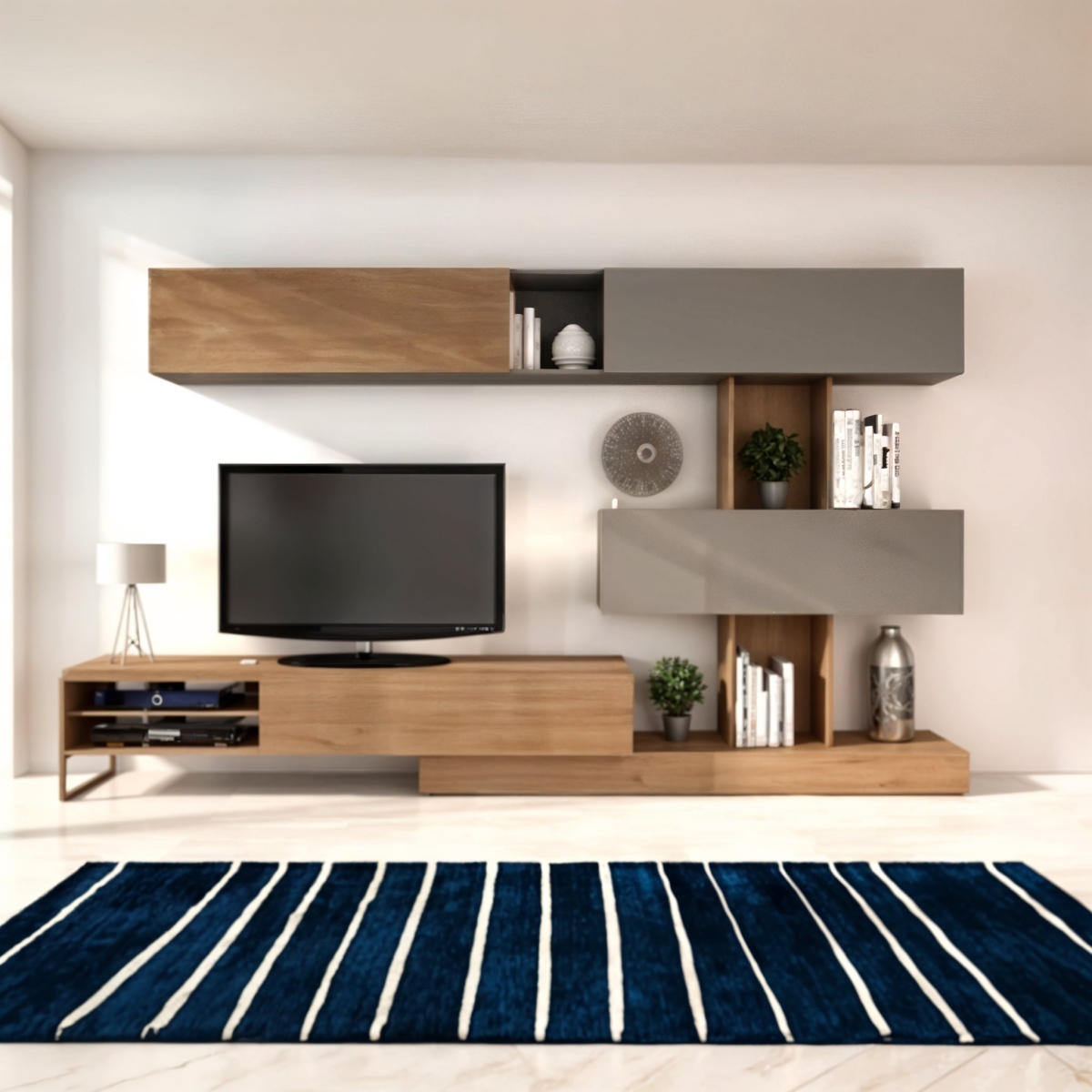 طقم ترابيزات تليفزيون ام دي اف بيج و رمادي - 30 × 220 × 220 × 30 سم