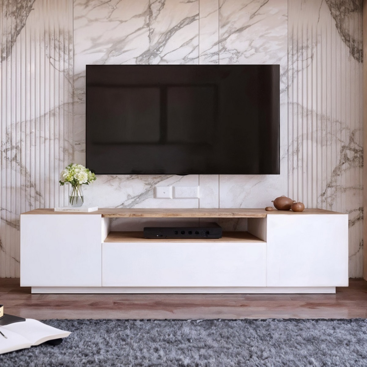 وحدة تلفزيون خشب إتحاد أوروبي أبيض و بيج - 180 × 36 × 30 سم