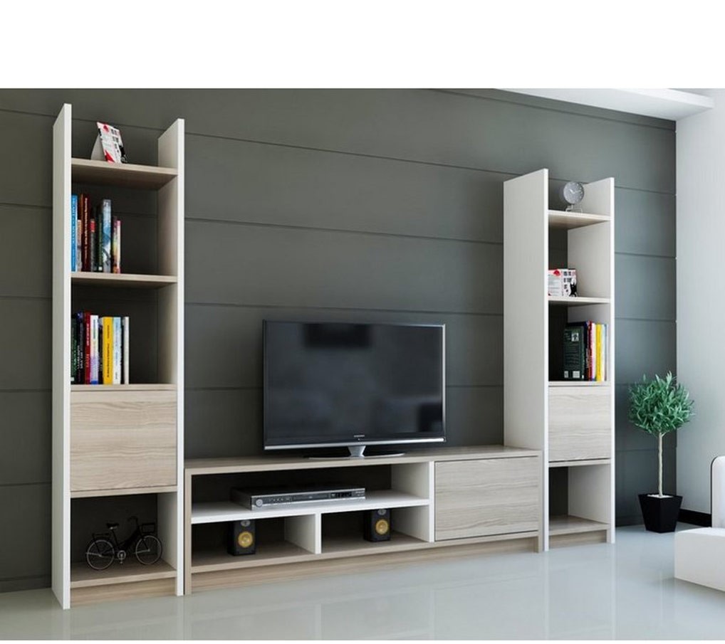 طقم ترابيزات تليفزيون ام دى اف أسبانى أبيض و بيج 3 قطع - 150 × 30 × 120 سم