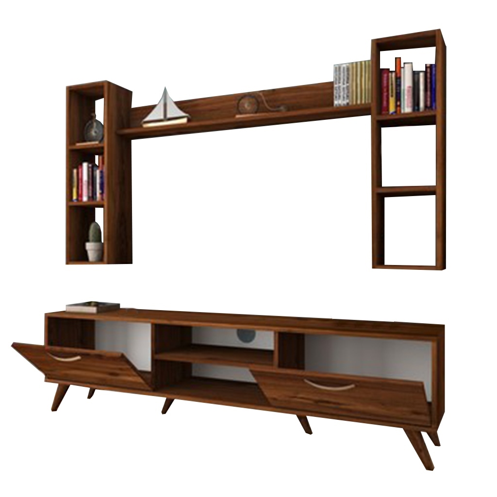 طقم وحدة تليفزيون 4 قطع خشب ام دي اف مستورد - بني