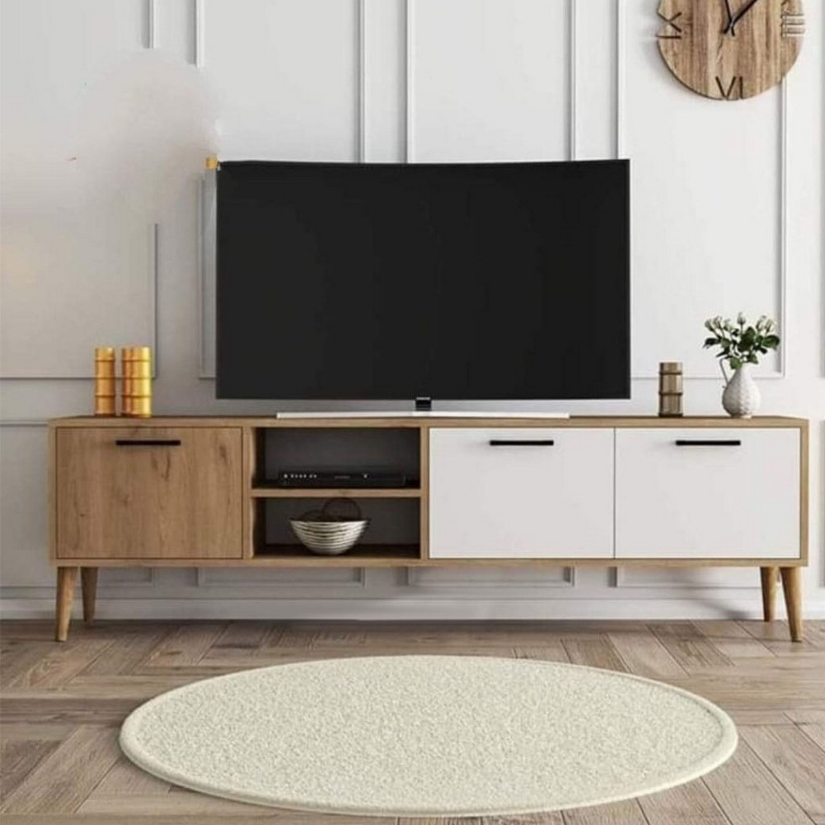 وحدة تليفزيون ام دي اف ابيض و بيج - 45×180×30 سم