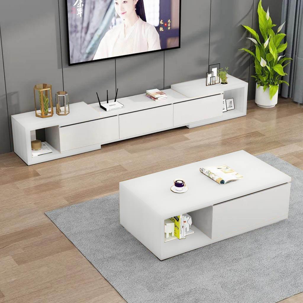 وحدة تلفزيون و ترابيزة قهوة خشب ام دي اف أبيض - قطعتين