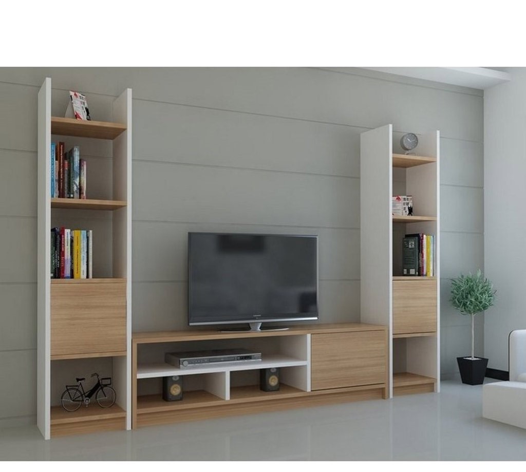 طقم ترابيزات تليفزيون ام دى اف أسبانى أبيض و بيج 3 قطع - 150 × 30 × 120 سم