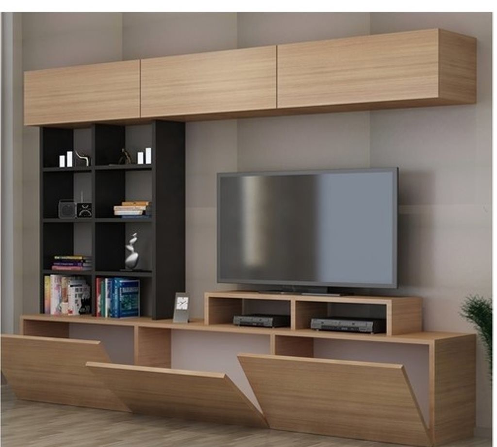 طقم ترابيزات تليفزيون ام دى اف اسبانى أسود و بيج - 180 × 35 × 180 سم