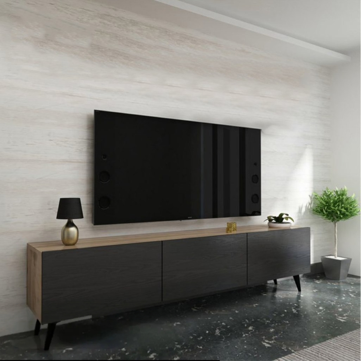 وحدة تليفزيون ام دى اف أسود و بيج - 180×34×44 سم