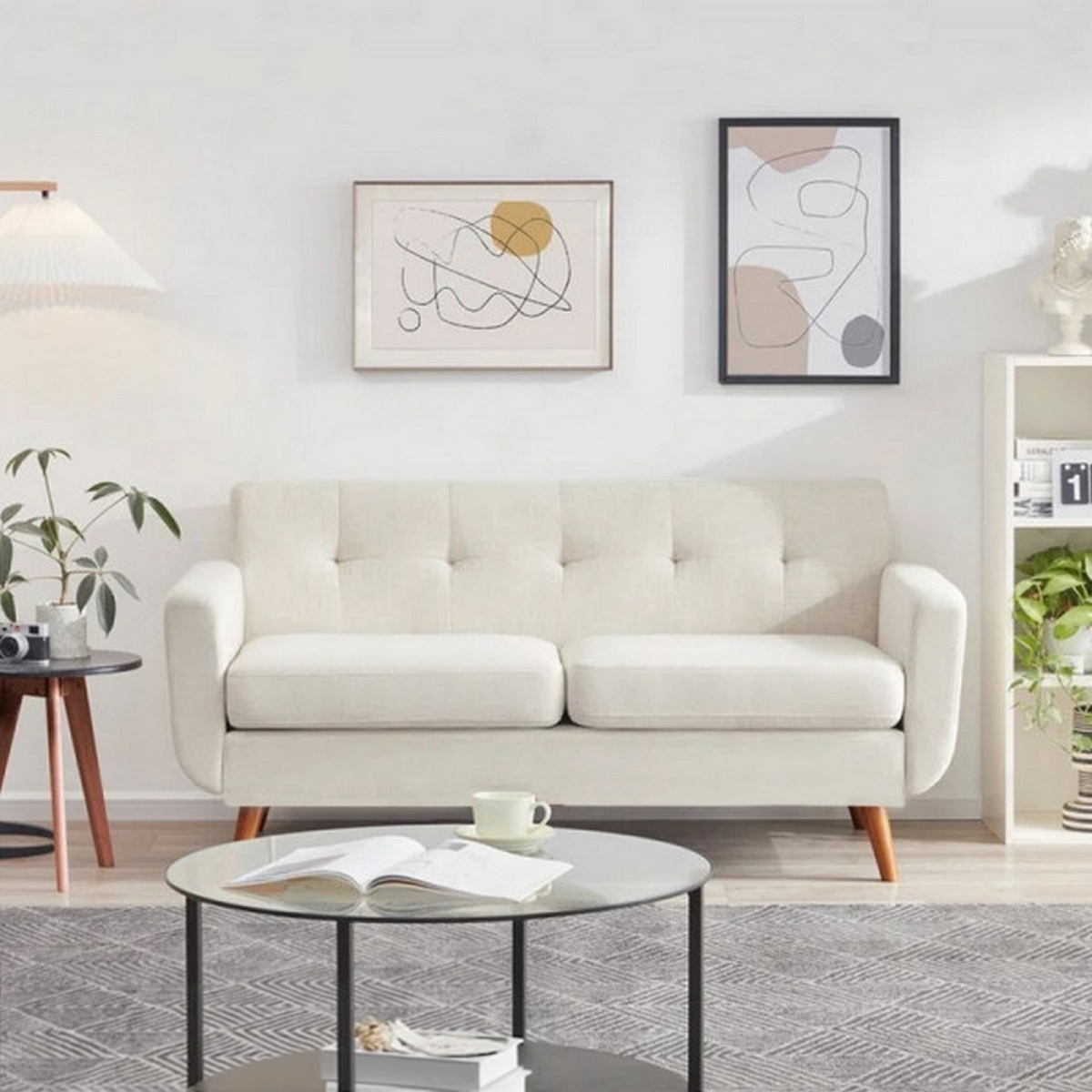 كنبة بمقعدين خشب طبيعي و قطيفة - أبيض