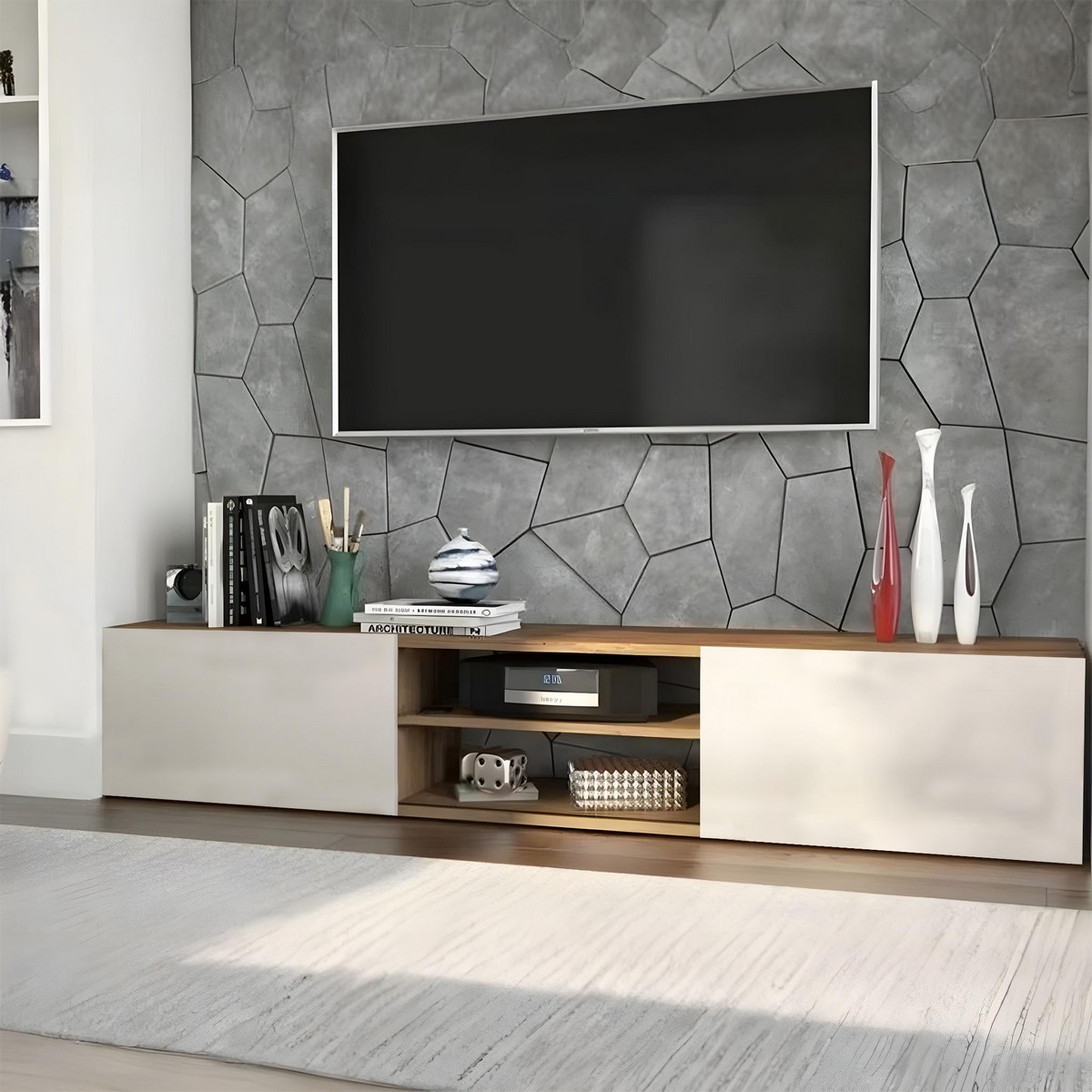 وحدة تلفزيون ام دي اف أبيض و بيج - 35 × 180 × 30 سم