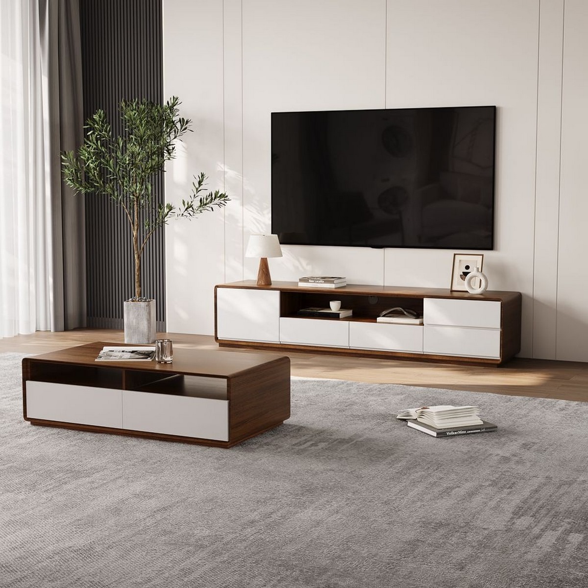 طقم ترابيزة تلفيزيون و ترابيزة قهوه ام دي اف - بني غامق و ابيض