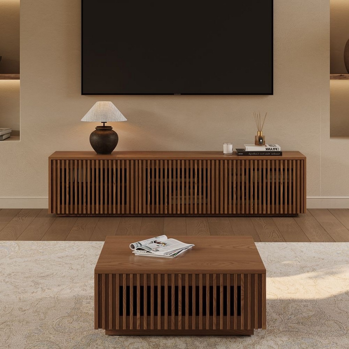 وحدة تلفزيون و ترابيزة قهوة خشب كونتر طبيعي بني - قطعتين