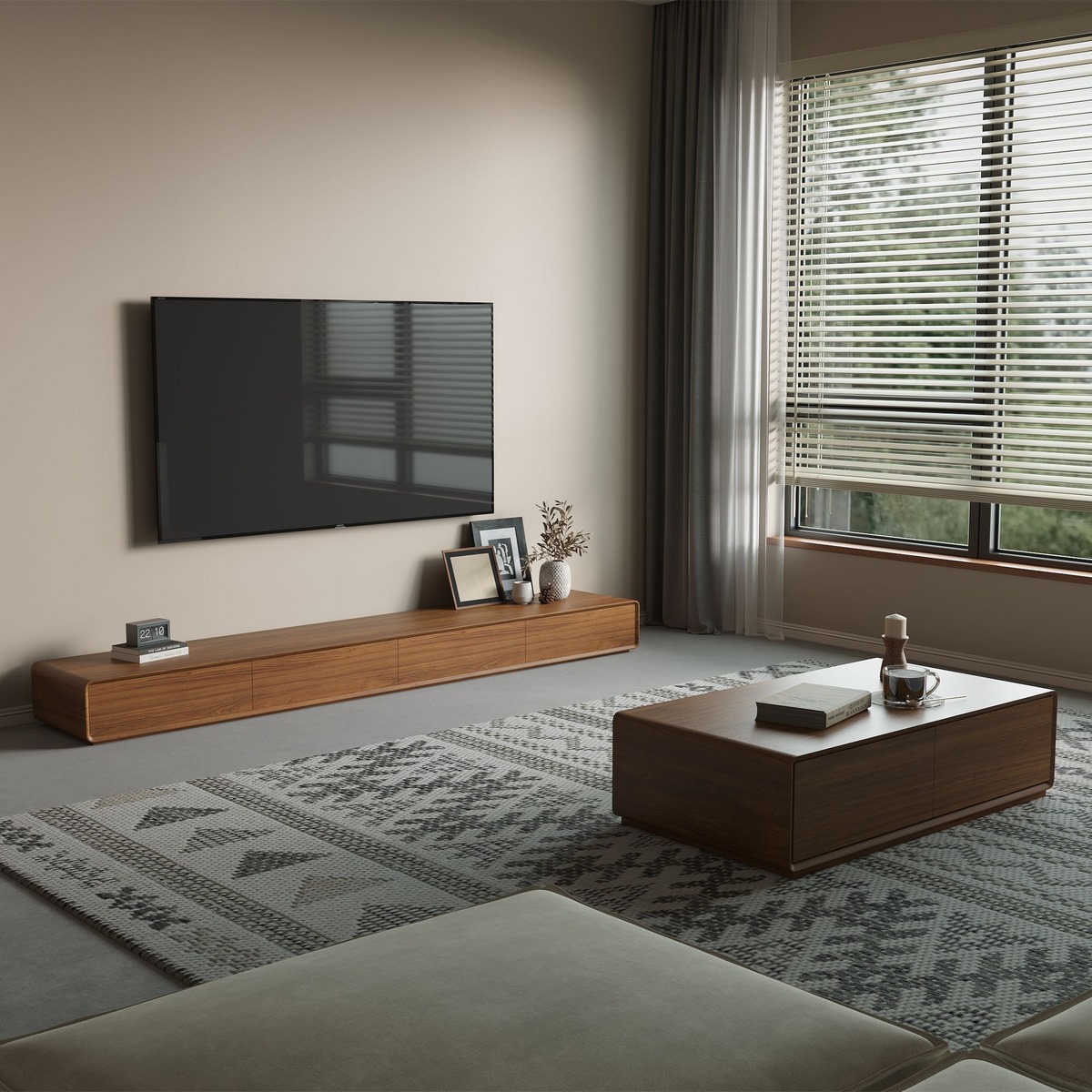 طقم ترابيزة تلفيزيون و ترابيزة قهوه ام دي اف - بني و بيج