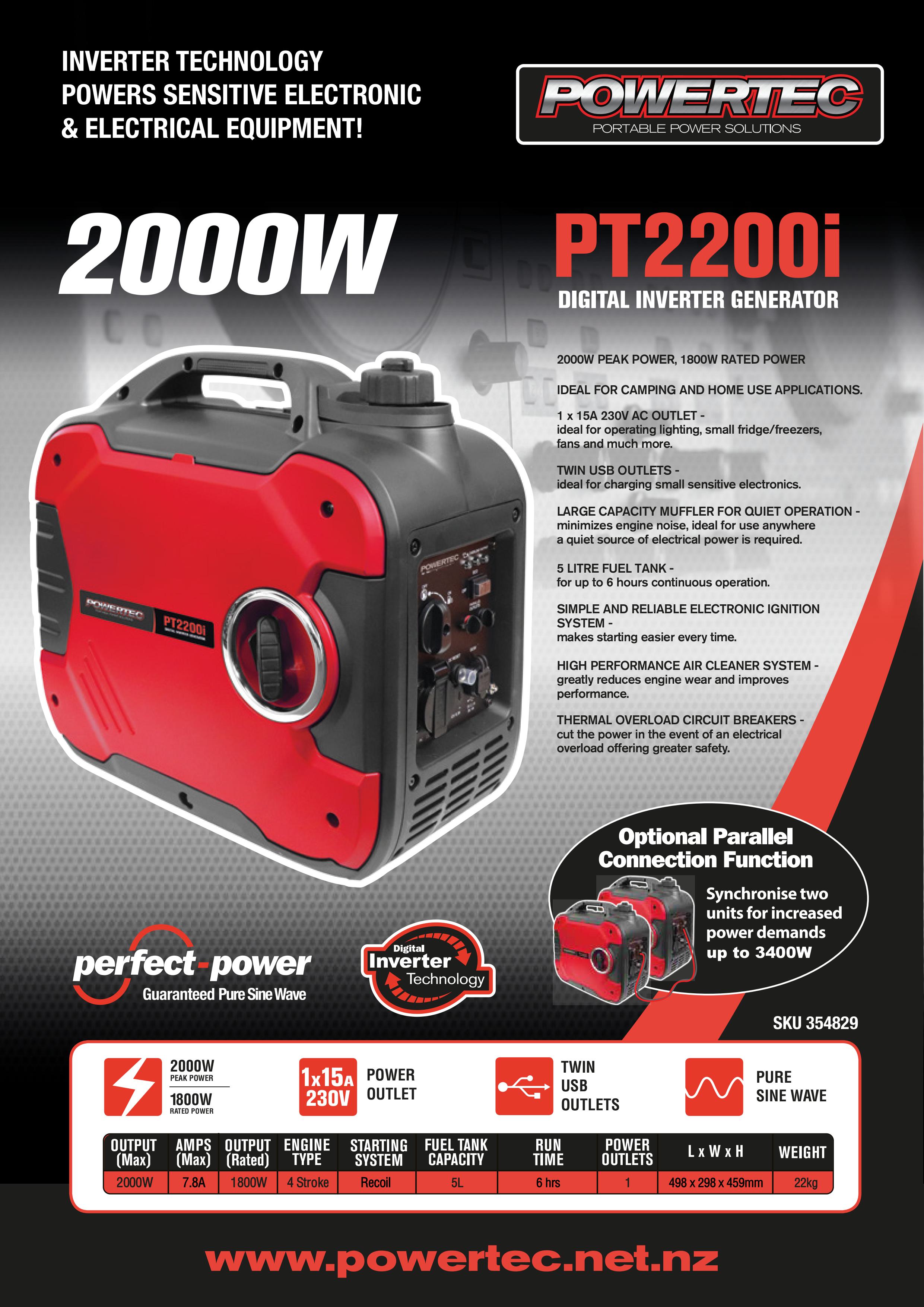 1 X Powertec 2000W Silenced Inverter Generator