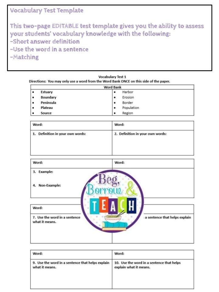 Editable Vocabulary Test Template