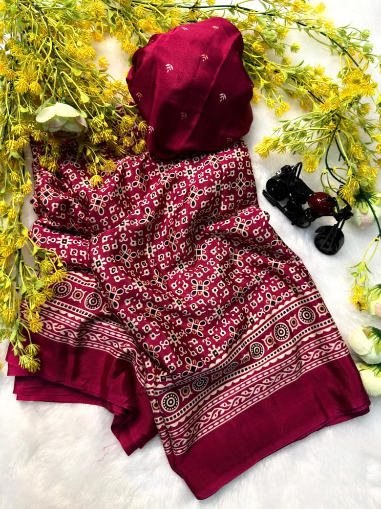 New Ajrakh Saree – Gajji Crepe Silk