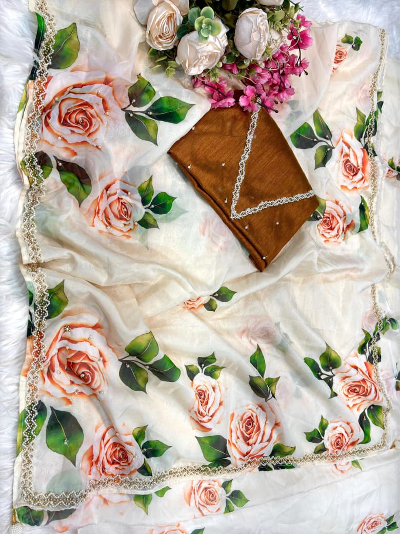 🌼 Pure Soft Teby Silk Saree with Handwork Blouse – Elegant & Graceful