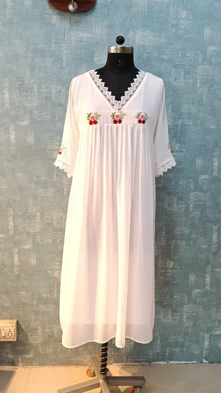 🤍 White Georgette Embroidery Pleated Kurti 