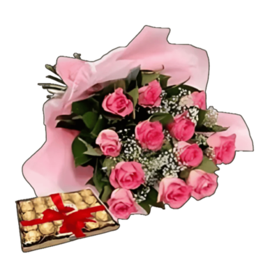 12 Pink Rose Bouquet with Chocolates