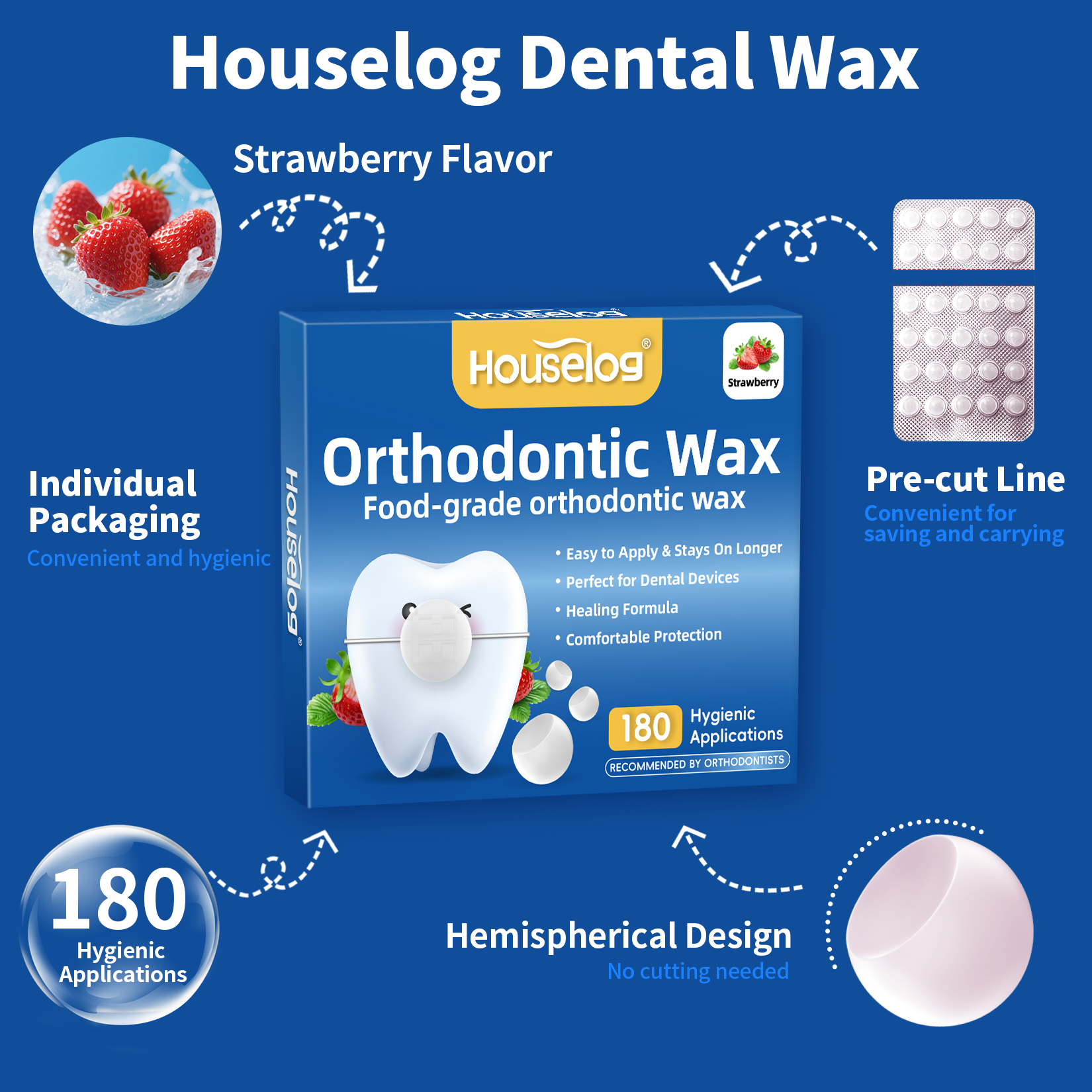 Orthodontic Wax for Braces - 180 Dental Wax Dots | Strawberry Flavor, Hygienic Individual Wraps, Brace Wax for Brackets
