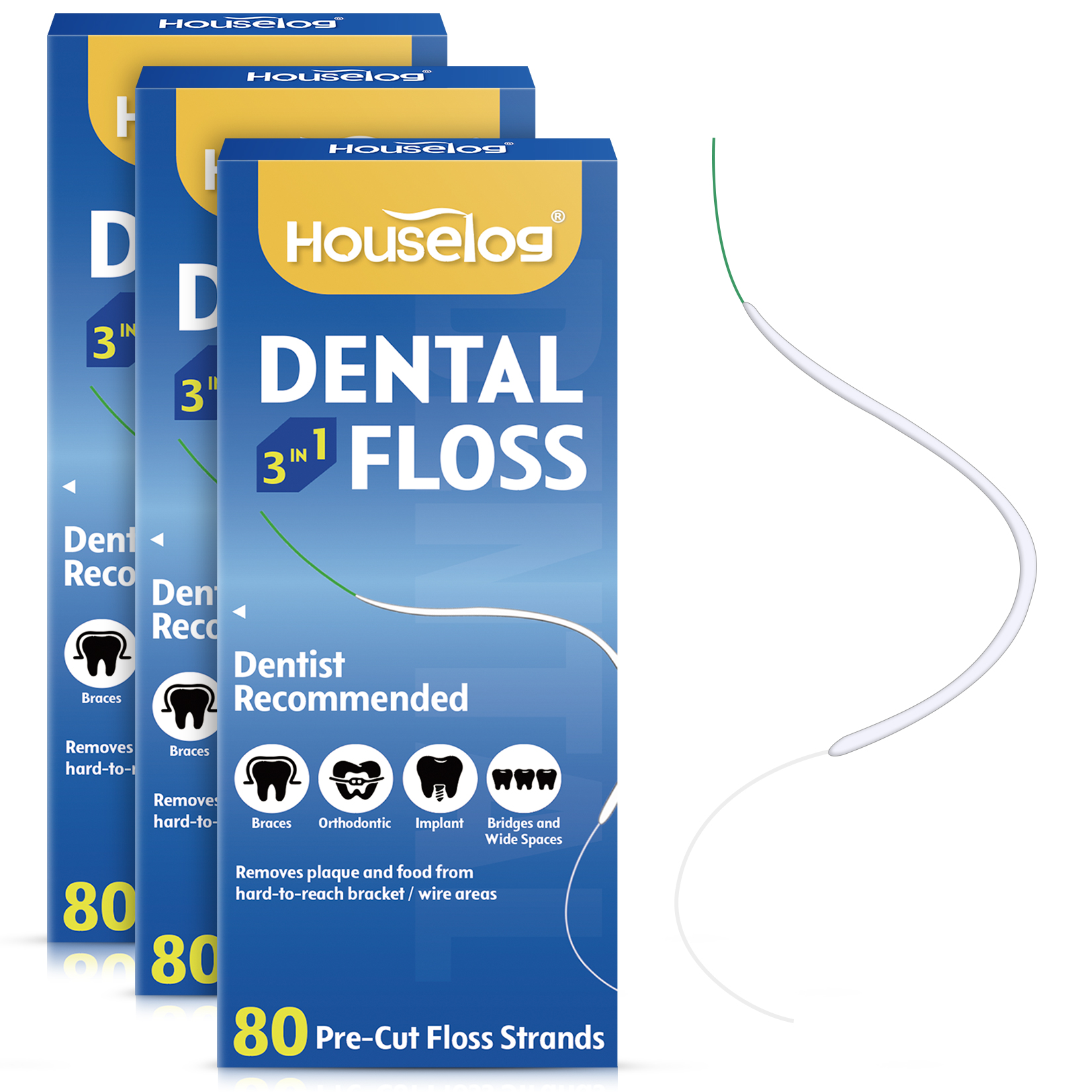 Dental Floss for Braces, Threader Dental Floss, Pre-Cut Strands, 80 Count (Pack of 3)