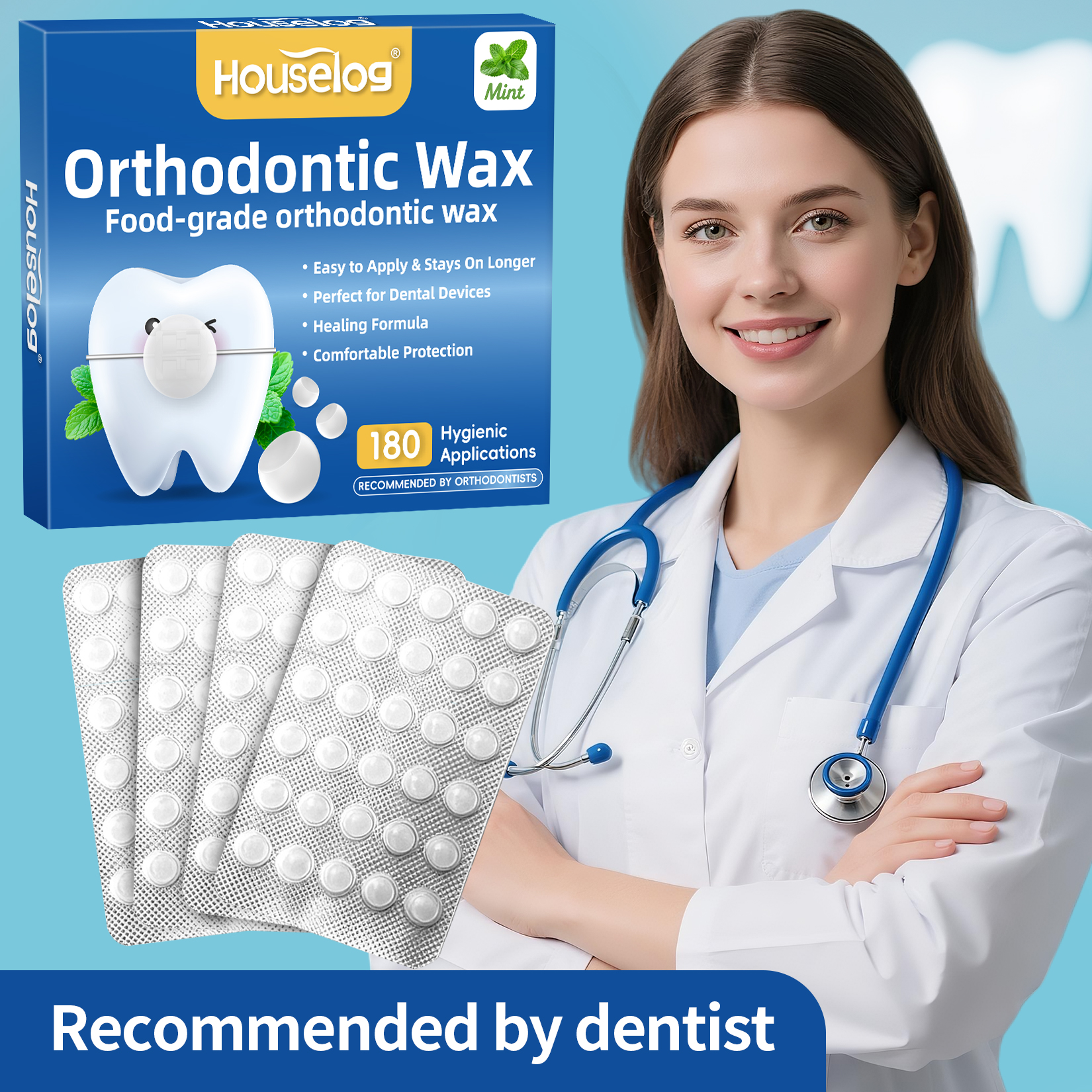  Orthodontic Wax for Braces - 180 Dental Wax Dots | Mint Flavor, Hygienic Individual Wraps, Brace Wax for Brackets