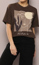 Abstract Face Print Brown T-Shirt