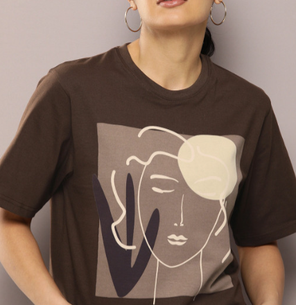 Abstract Face Print Brown T-Shirt