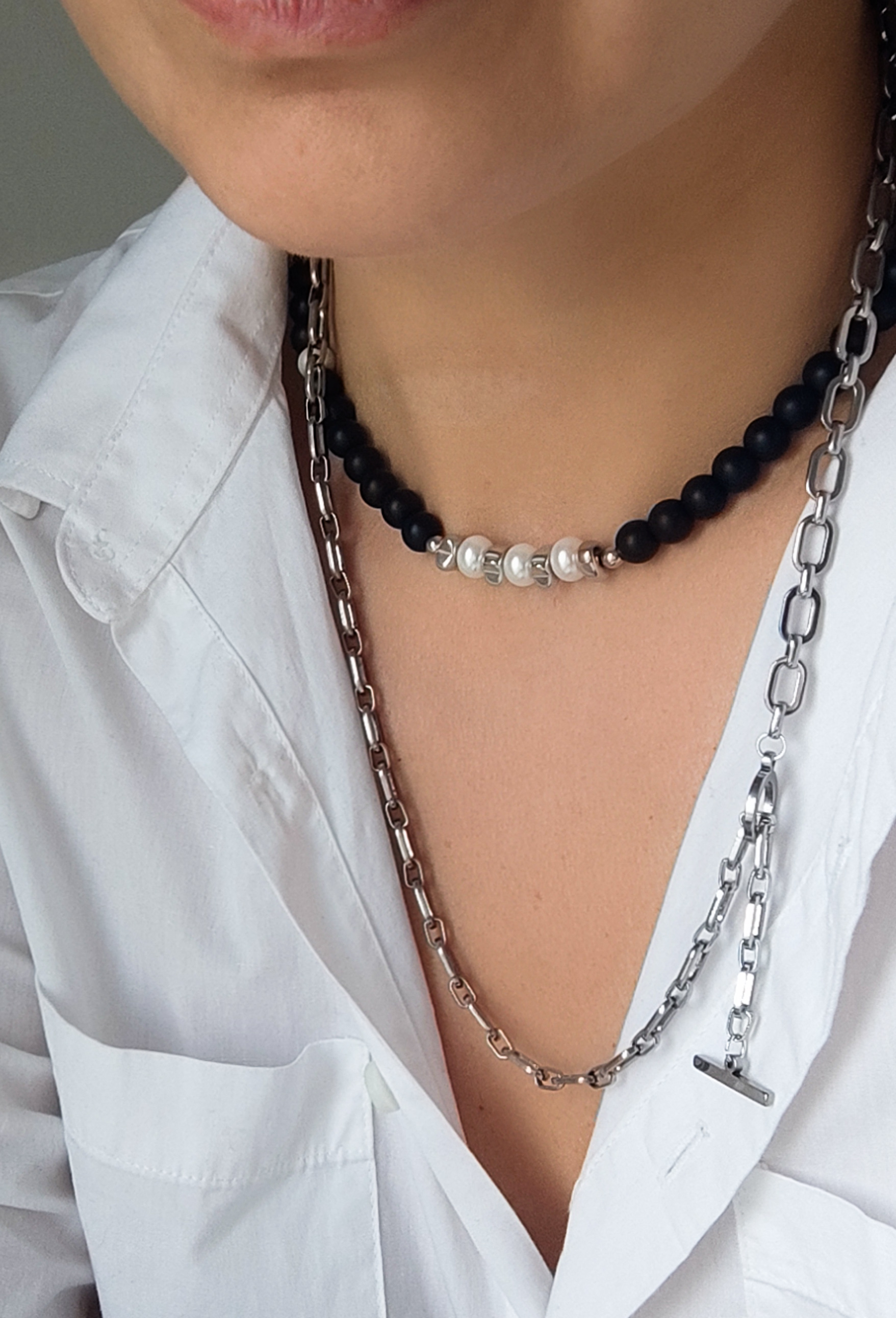 Agato ir perlų kaklo papuošalas