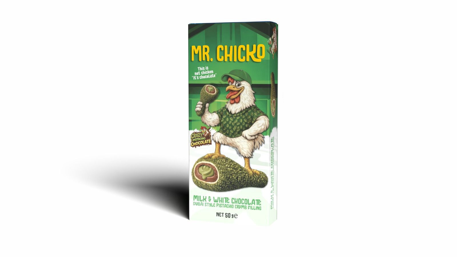 Mr. Chicko Pistachio Chocolate 50g – Milk & White Chocolate with Pistachio Cream Filling